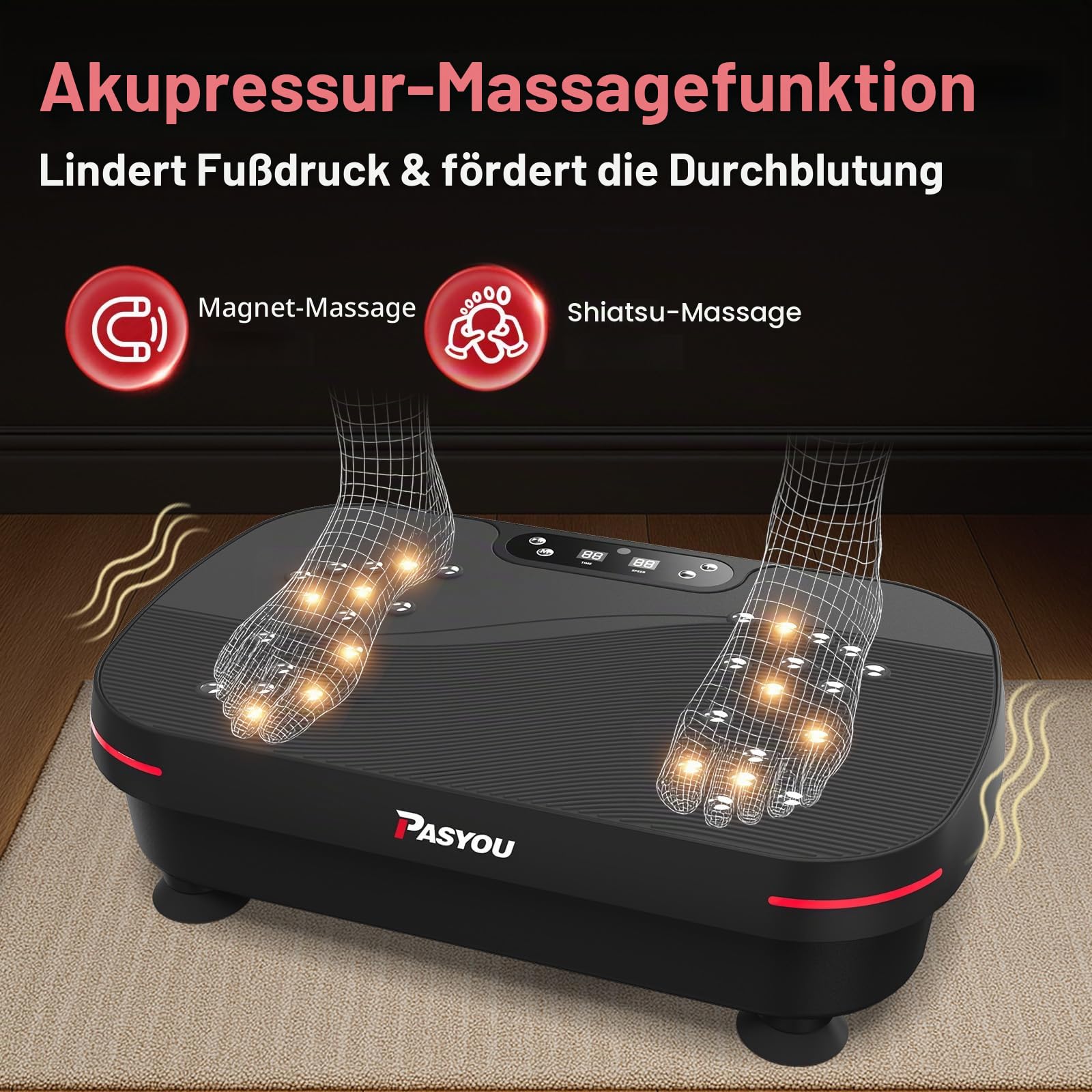 PASYOU Vibrationsplatte, Vibration Plate Leise und Kompakte für Abnehmen, Ganzkörpertraining, Muskelaufbau, Rüttelplatte Sport für Zuhause 99 Intensitätsstufen mit Widerstandsbändern