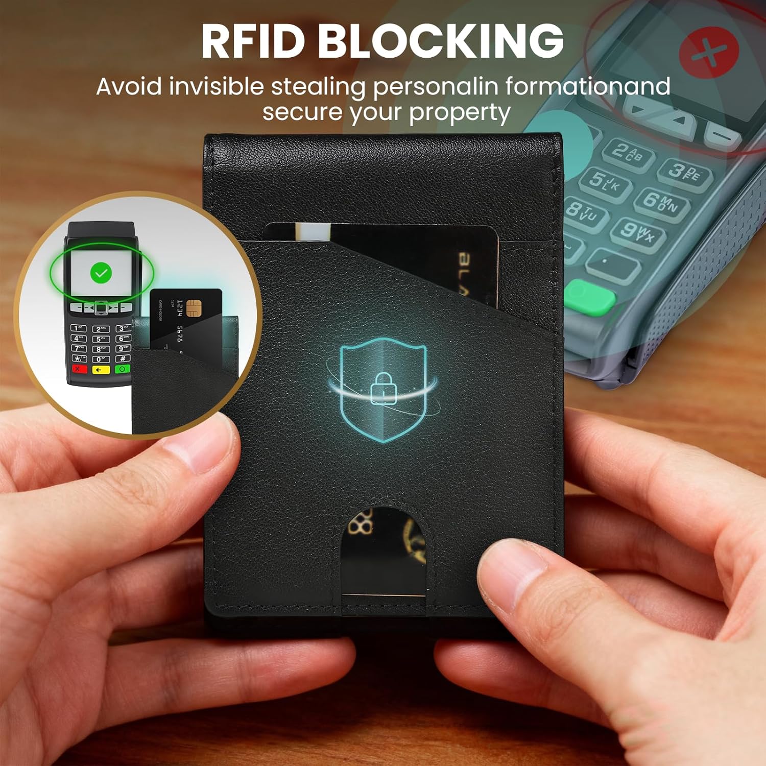 Genuine Leather Wallet for Men, RFID Wallet with Airtag Slot,Leather Card Holder Wallets with gift box Air tag Tracker NOT INCLUDED (Black) - Image 4