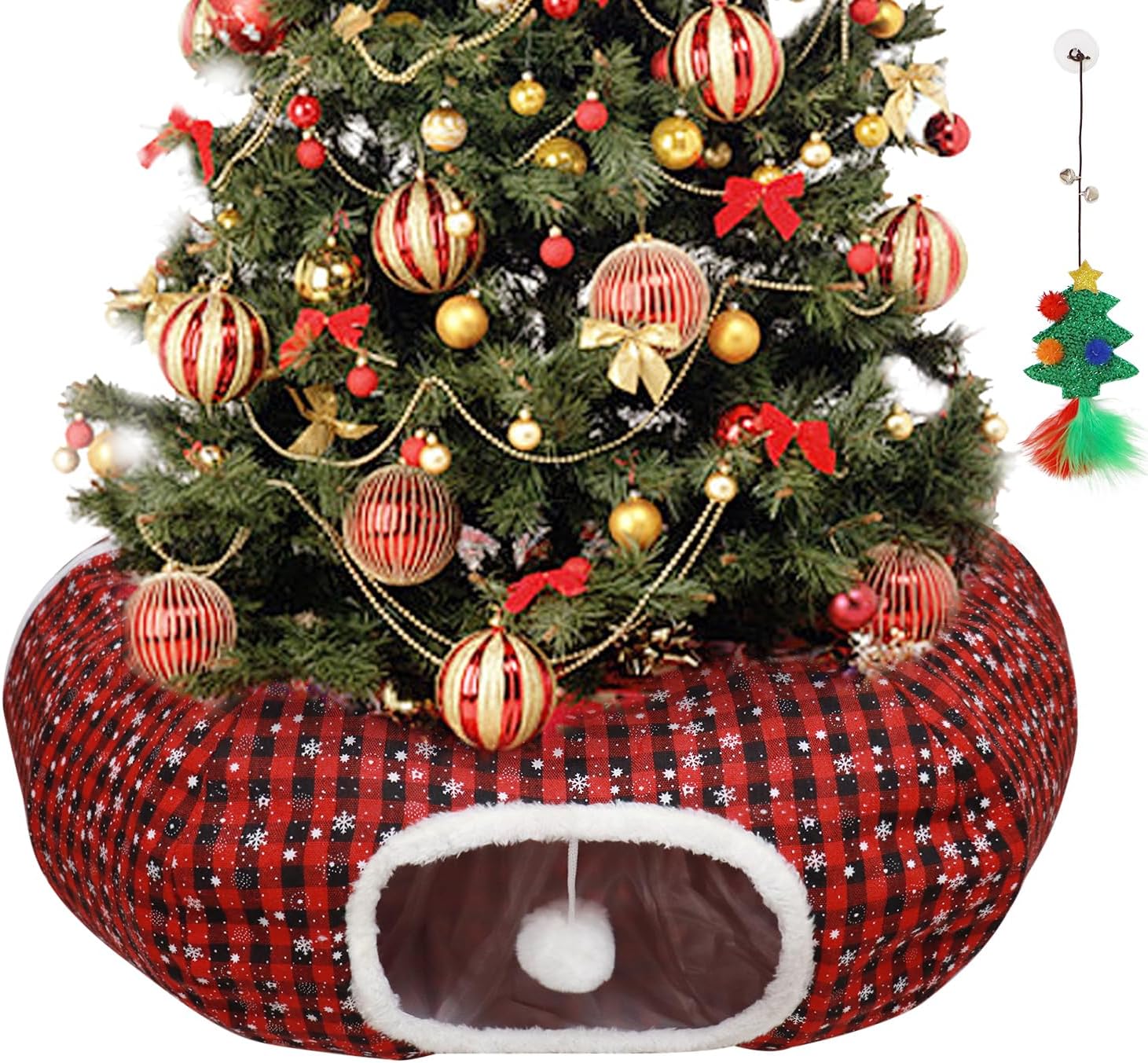 Cat Tunnel Christmas Tree Skirt, Multifunctional Christmas Tree Protector Washable Indoor Cat Donut Cave Bed with Interactive Toys Kitty Hideout Tubes for Small Animal,32″×10″, (Cotton, Plaid)