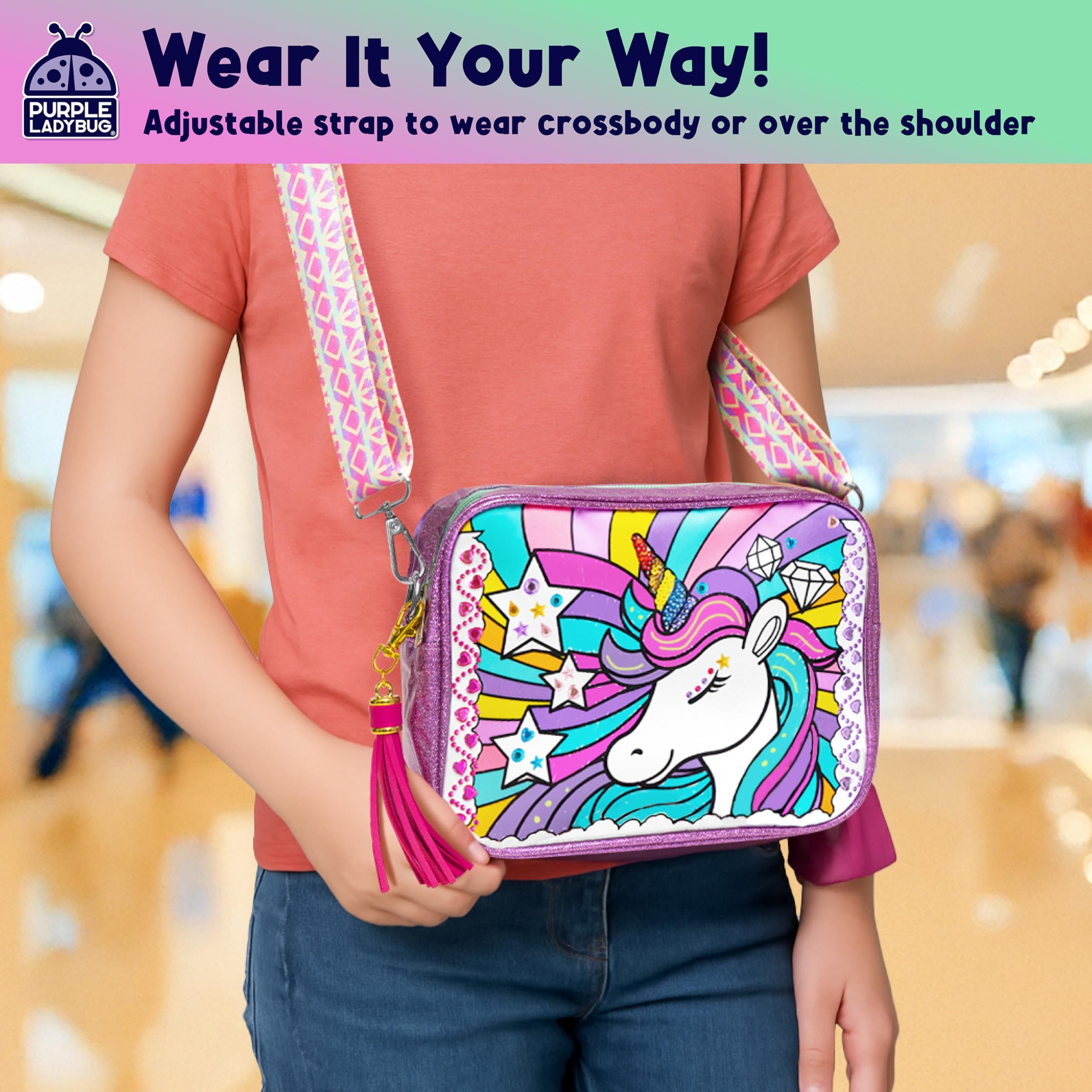 Decora tu propio kit de bolsa cruzada de unicornio, regalos de Navidad para niñas con bolígrafo con purpurina que brilla en la oscuridad, calcomanías de gemas y pintura de tela, ideas de regalo de 5