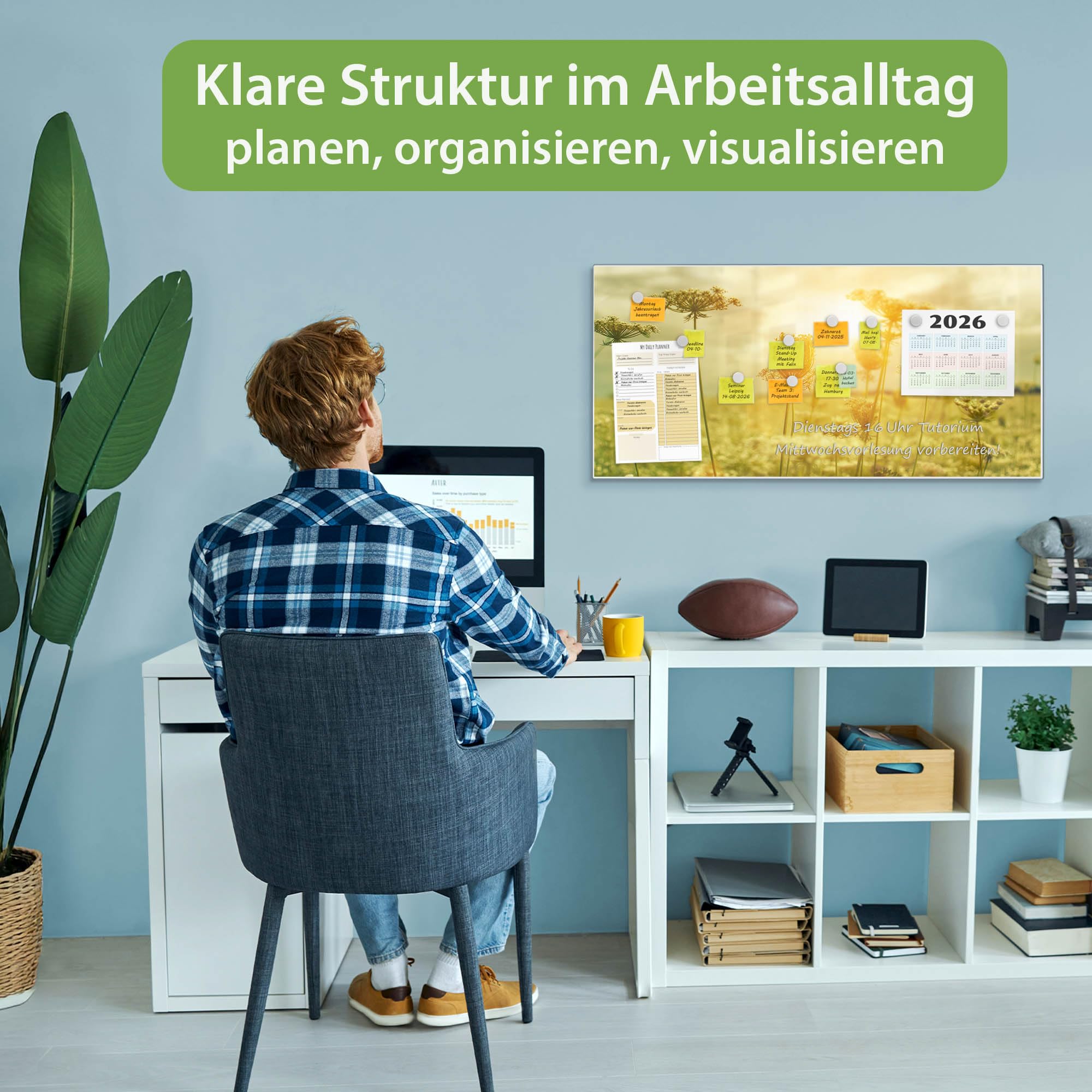 banjado Magnettafel Metall 78 x 37cm - beschreibbare Magnettafel - Metall Pinnwand als Memoboard - Magnetwand Küche, Büro, Kinderzimmer Weiß inkl. 4 Magnete & Montageset - Motiv Dill im Sonnenlicht
