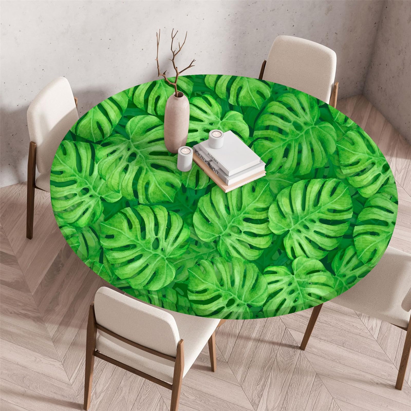 Odot Elastic Edged Round Fitted Tablecloth Protector Green Plants Print Wipeable Circle Tablecloth Indoor Outdoor Table Cover Wipe Clean for Kitchen Picnic Dining Room Tabletop (120cm,Green)