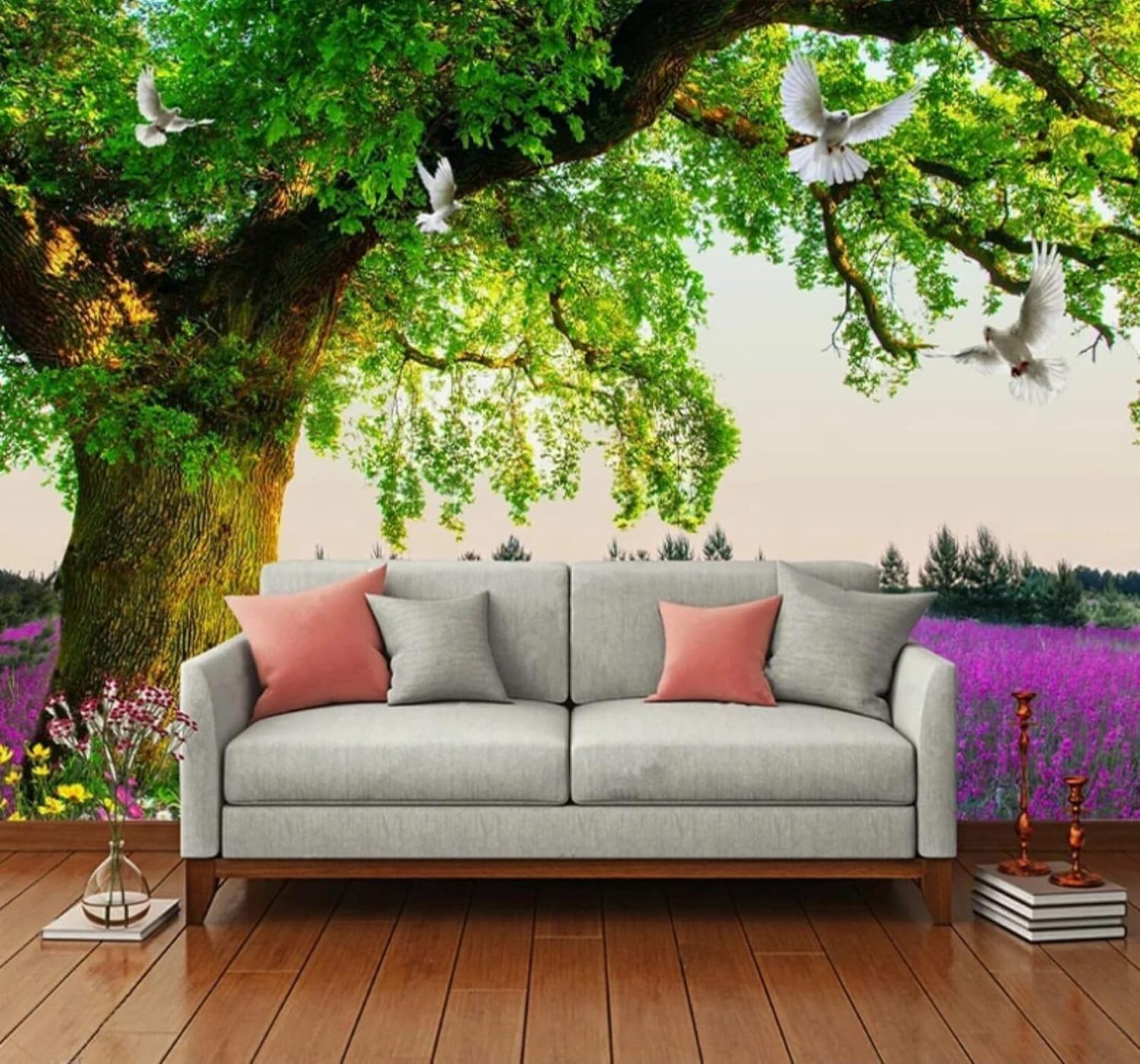 Xlming 430Cm×300Cm(B×H) Fresh Green Large Tree Lavender Sea Of Flowers 3D Wallpaper Luxury Silk Study Dining Feature Sofa Grey Bedroom Living Room Tv Decorative Wall-430Cm×300Cm