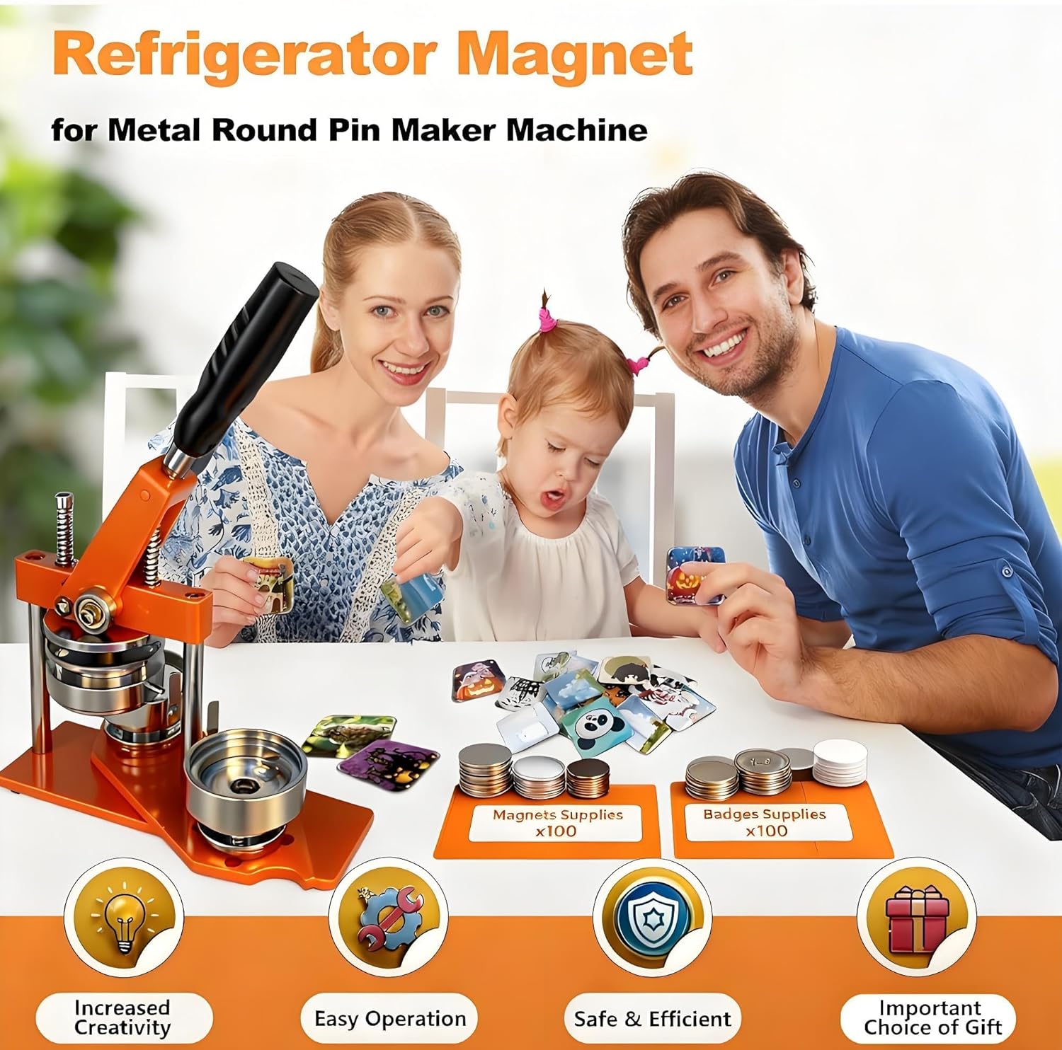Magnet Maker Machine, Round Badge Pin Button Presser with Paper Cutter + 100 Sets Magnets Making Supplies + 100 Sets Badge Making Supplies + 100pcs Photo Paper 1.46x1.46in/37x37mm