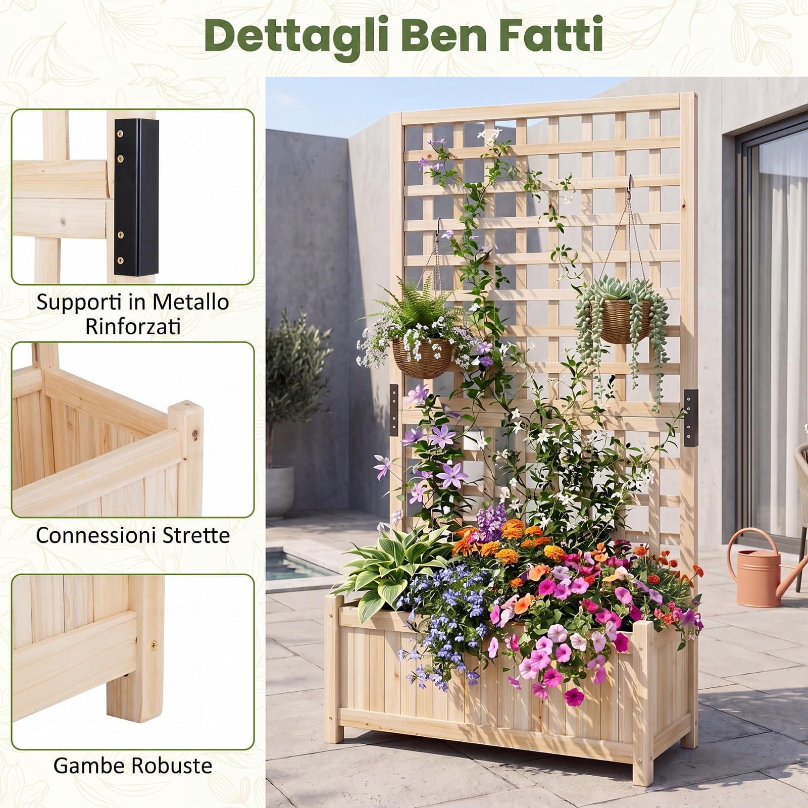 COSTWAY 2 in 1 Fioriera con Traliccio, Letto Orto Rialzato in Legno con Grigliato per Piante Rampicanti, Pannello Rimovibile e Fori di Drenaggio, per Fiori e Verdure, 76 x 32 x 143 cm (Naturale)
