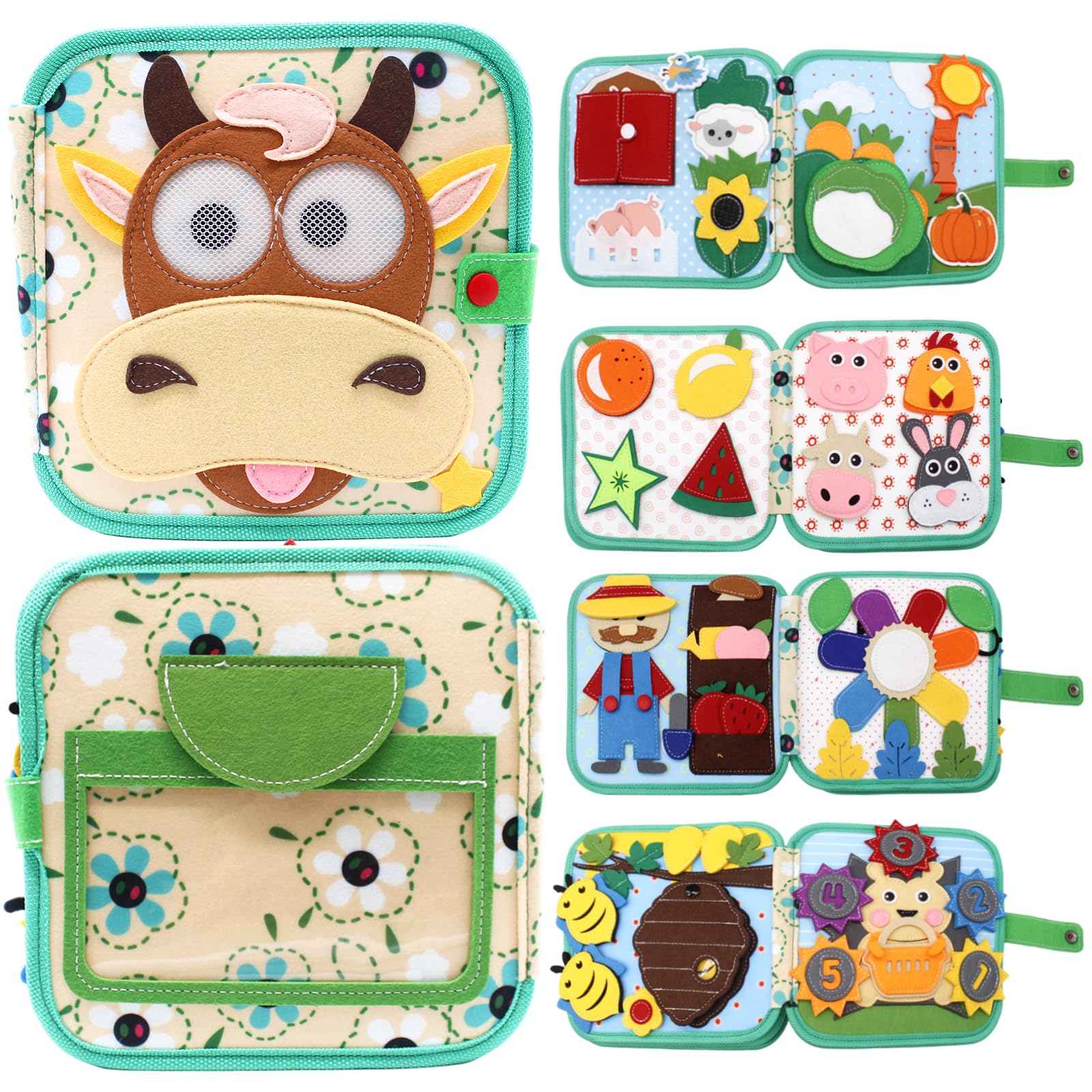 Sumtoco – Busy Board Montessori Ferme – 22 Activités éducatives – Livre Sensoriel 1-4 Ans – Portable