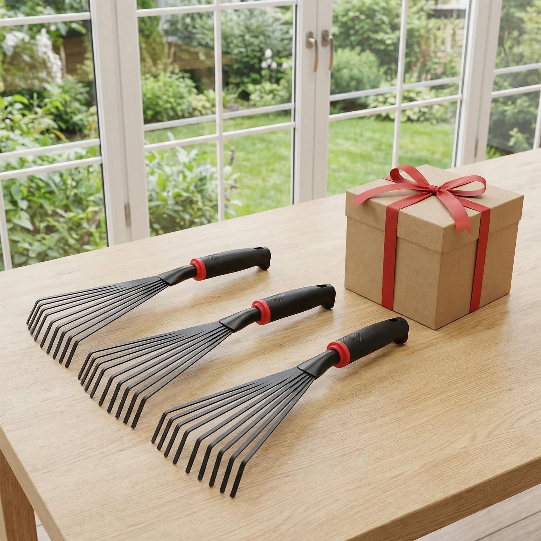3 Piezas Rastrillo de Mano para Jardín de Hierro con 9 Púas, Mango Ergonómico para Minimizar Fatiga y Fácil Almacenamiento en Actividades Domésticas de Jardinería