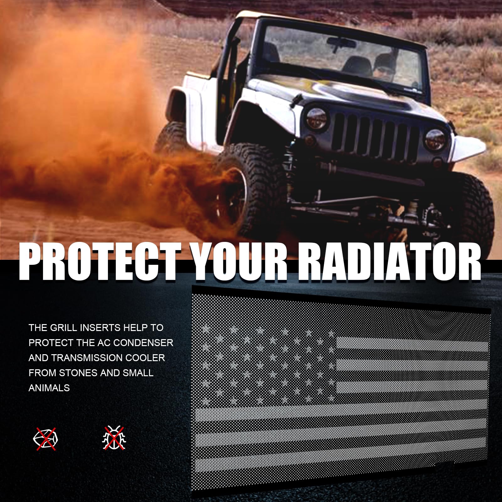 moveland Front Grill Grille Insert - Aluminum Alloy Mesh Grill Insert Screen Compatible with 2007-2018 Jeep Wrangler JK JKU (with US Flag)