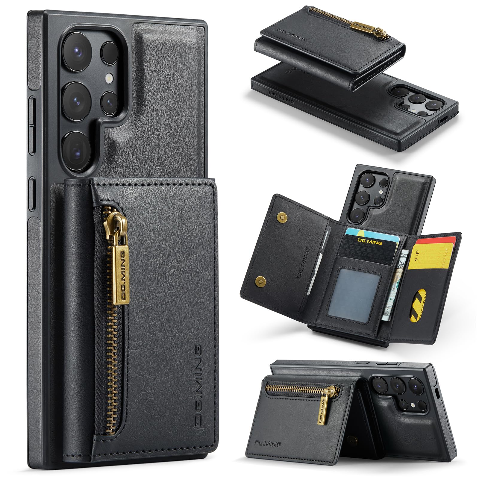 Custodia a portafoglio 2 in 1 per iPhone 14 Pro, custodia in pelle opaca con cerniera, staccabile, con fibbia a cinturino - Nero