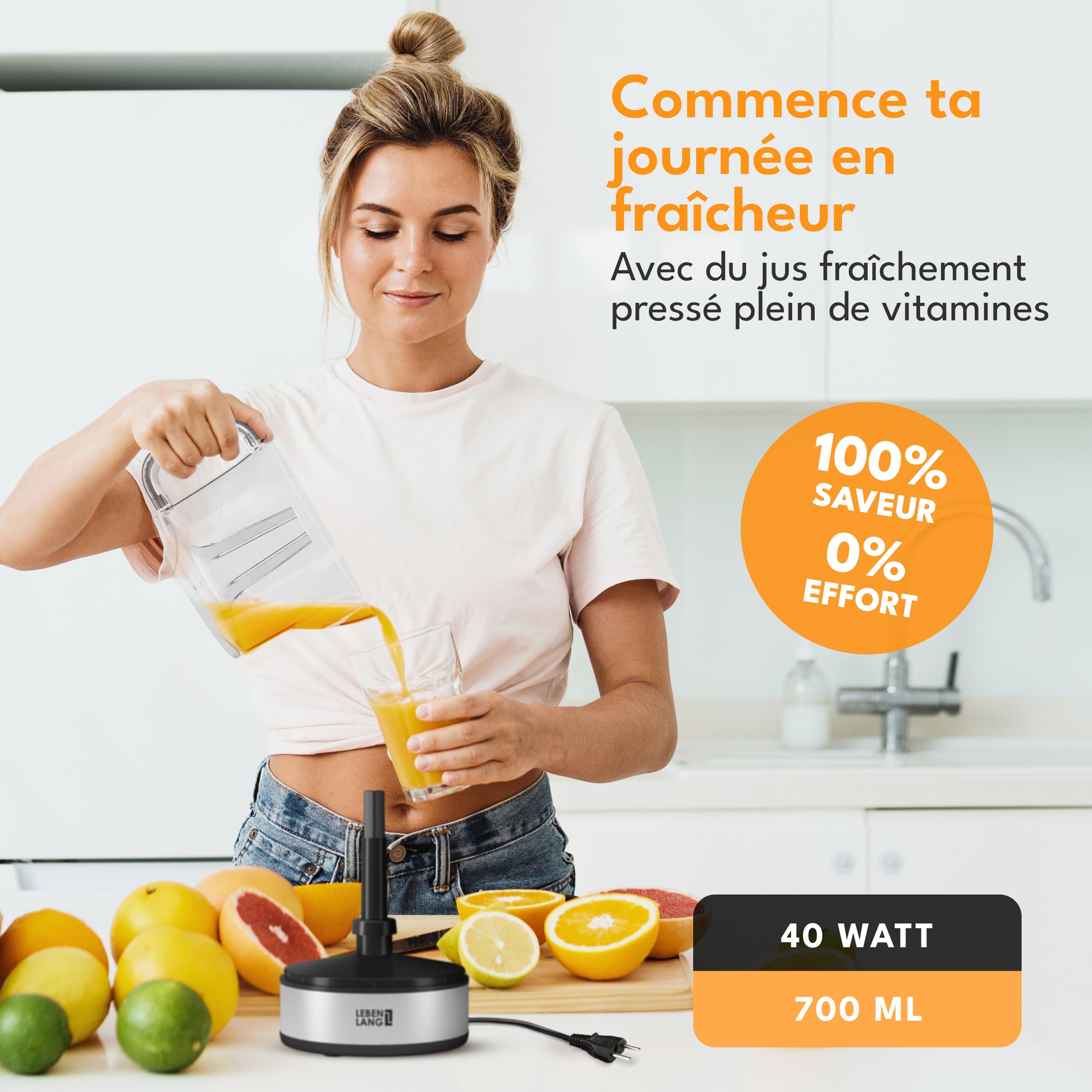 LEBENLANG Presse agrume electrique - 2 cônes & sans BPA I Haut rendement en jus I 700ml presse agrumes electriques I Presseur fruits automatique Presse-agrumes de jus d'orange machine