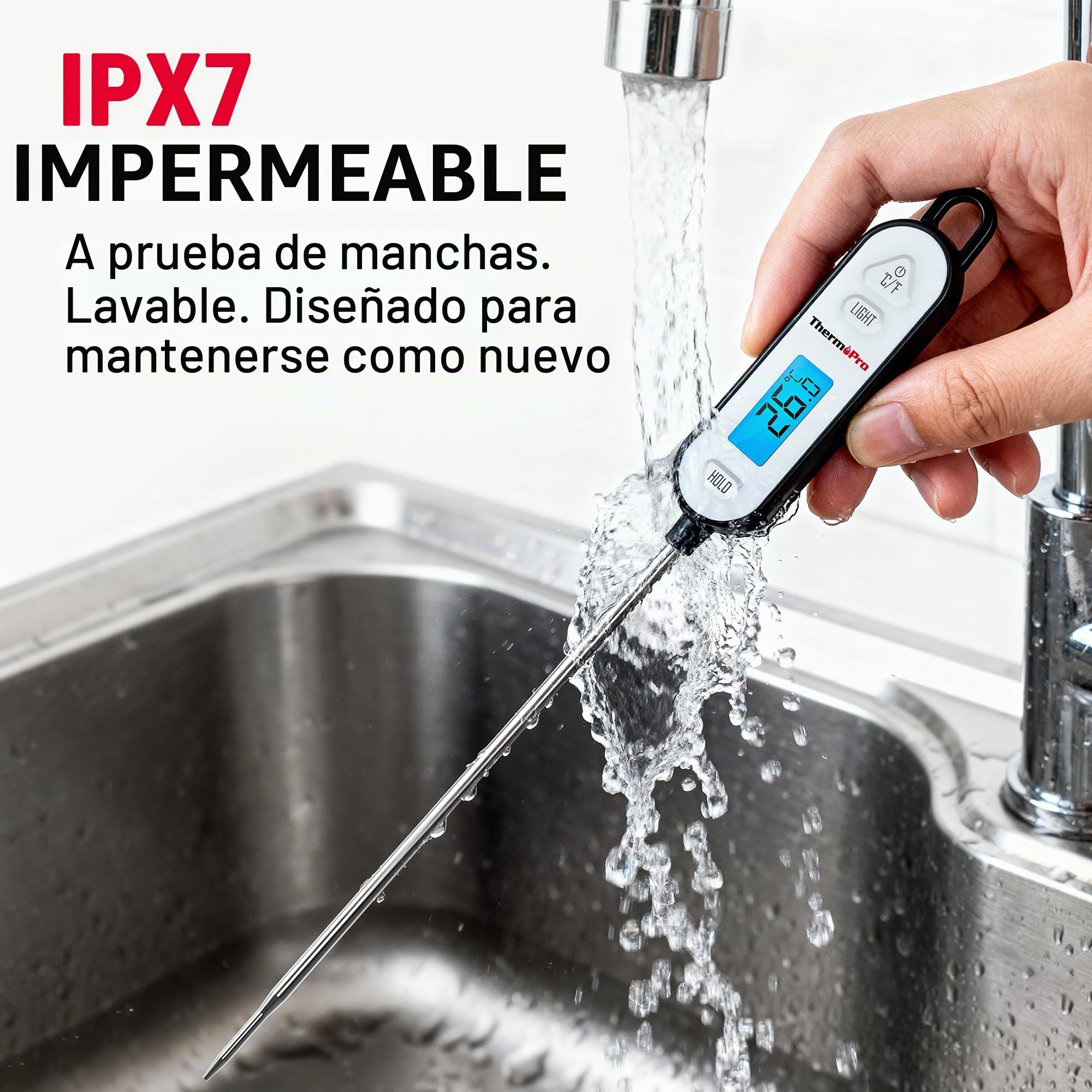 ThermoPro Termómetros digitales para carne, termómetro para alimentos con retroiluminación y función de bloqueo, sonda impermeable con botón ℃/℉, para cocinar, barbacoa, mermelada, aceite y agua