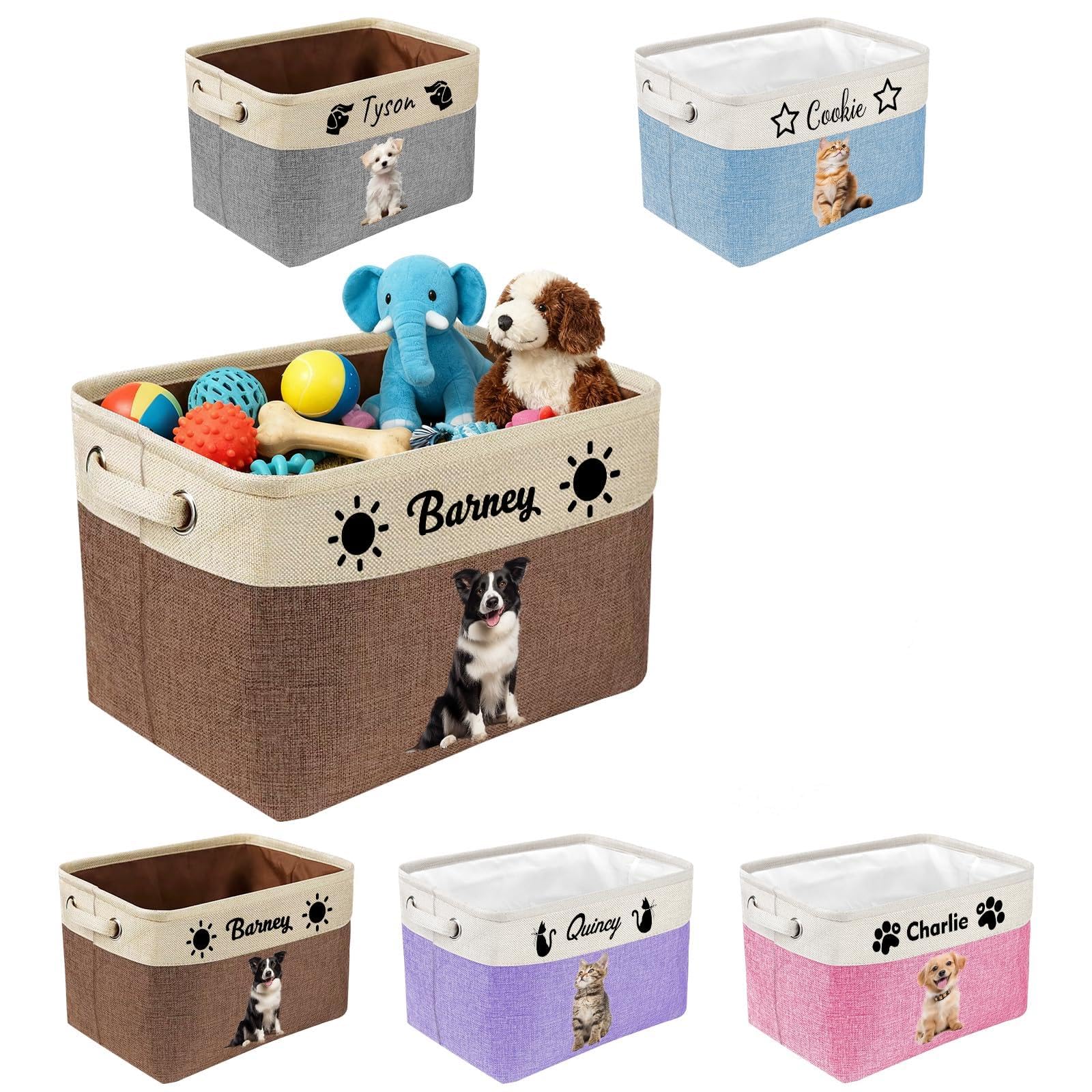 Roseshore Personalised Dog Toy Storage Basket with Photo Name Custom Dog Food Organiser Fabric Bins for Clothes Blankets Dolls-Brown