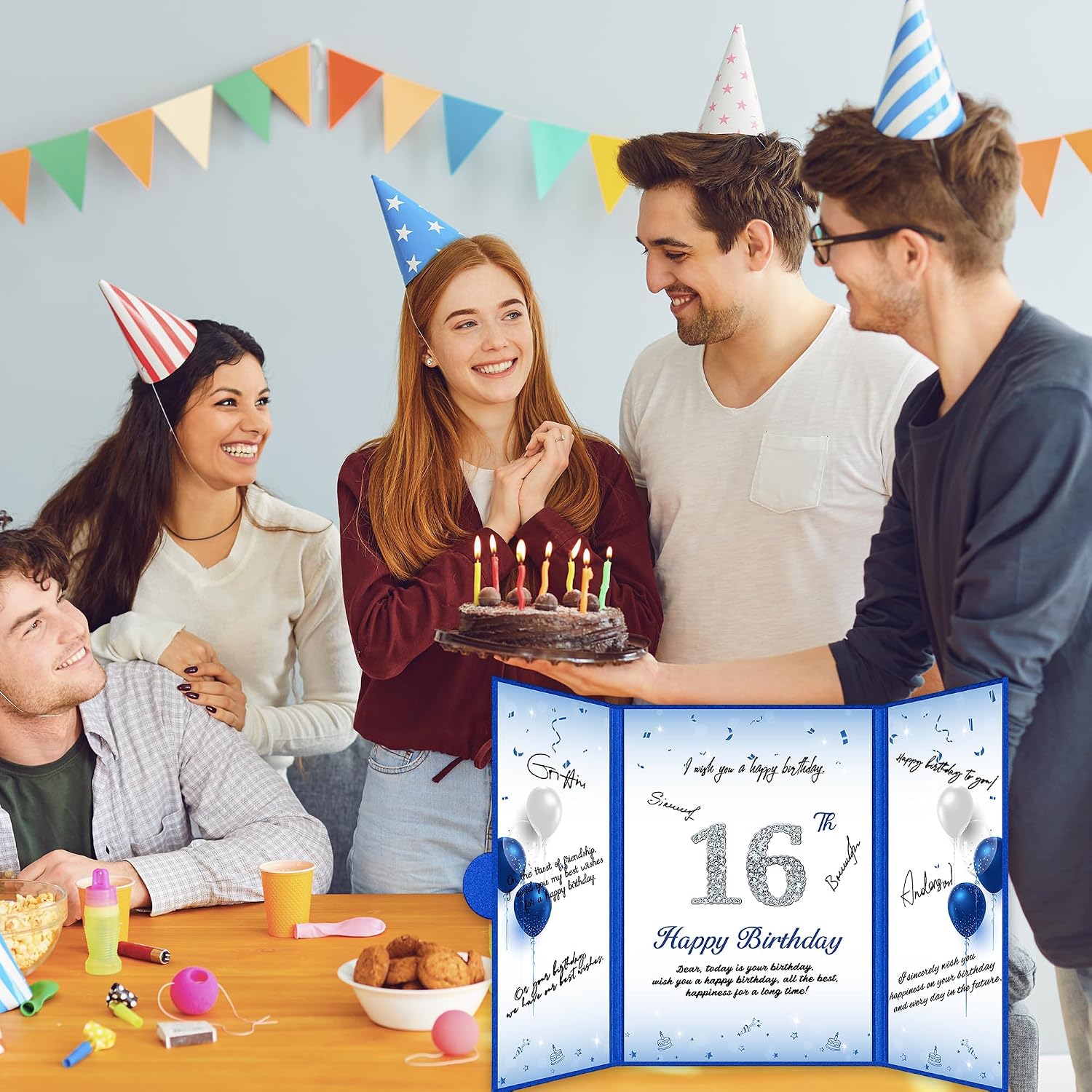Roetyce Blue Silver 16th Birthday Guest Book Party Decorations | Jumbo Happy 16th Birthday Card Signature Board for Boys Girls, 16 Years Old Party Supplies Sweet 16