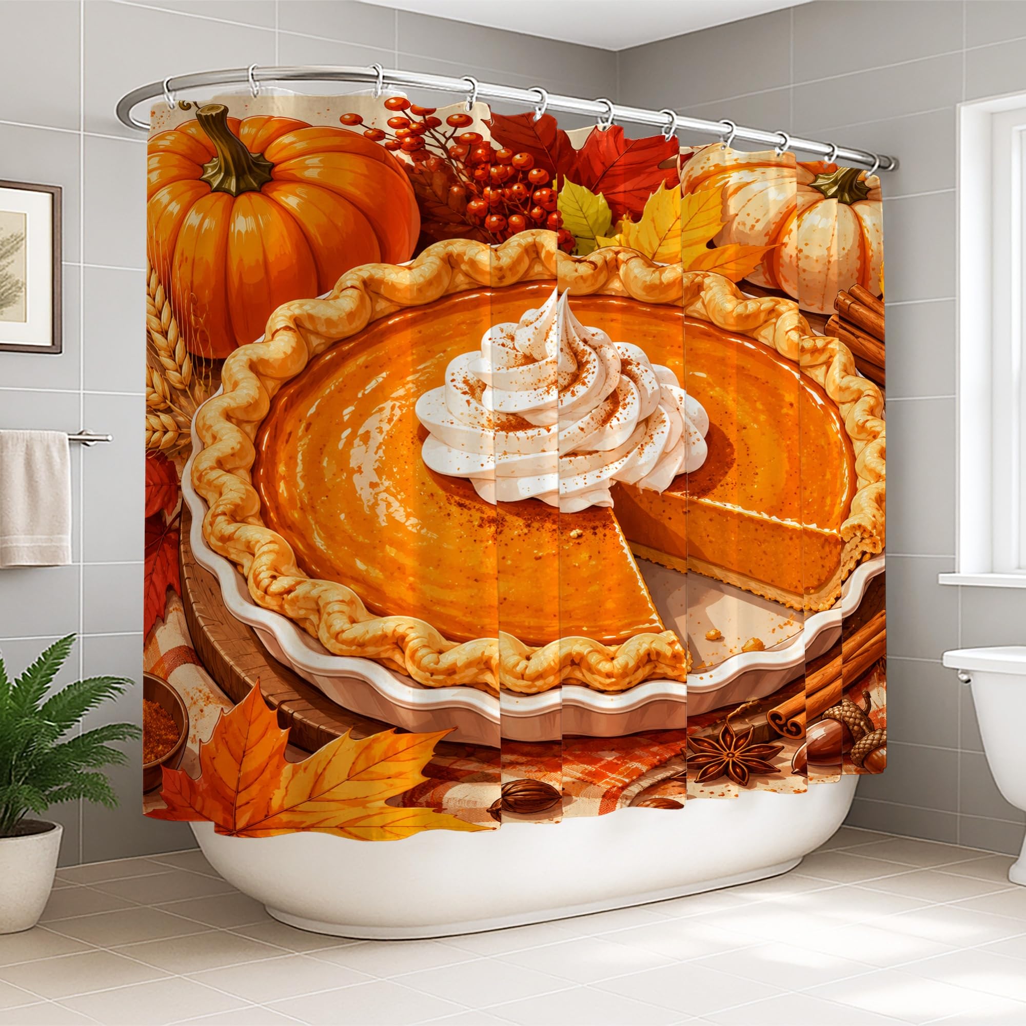 Rideau de douche extra large 274x183 cm motif tarte orange automnal pour grande baignoire