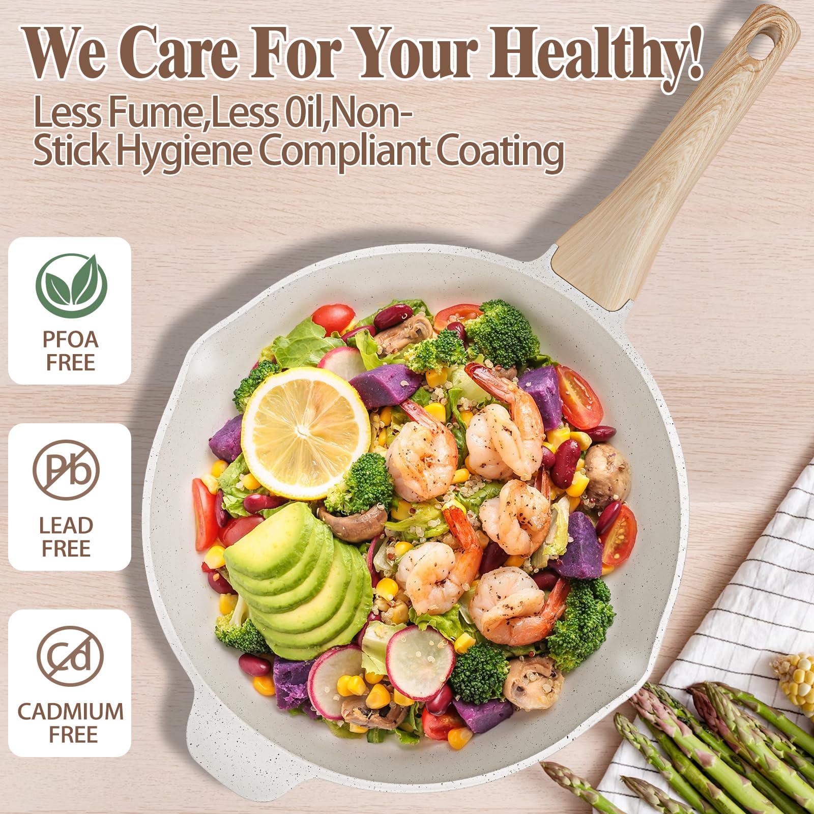 AOSION 11 Inch Nonstick Ceramic Deep Frying Pan Skille with Lid,5QT Sauté Pan for Cooking with Steam Rack,Healthy Large Skillet,Stay Cool Handle, Induction Compatible, PFOA & PFAS Free.(WHITE)