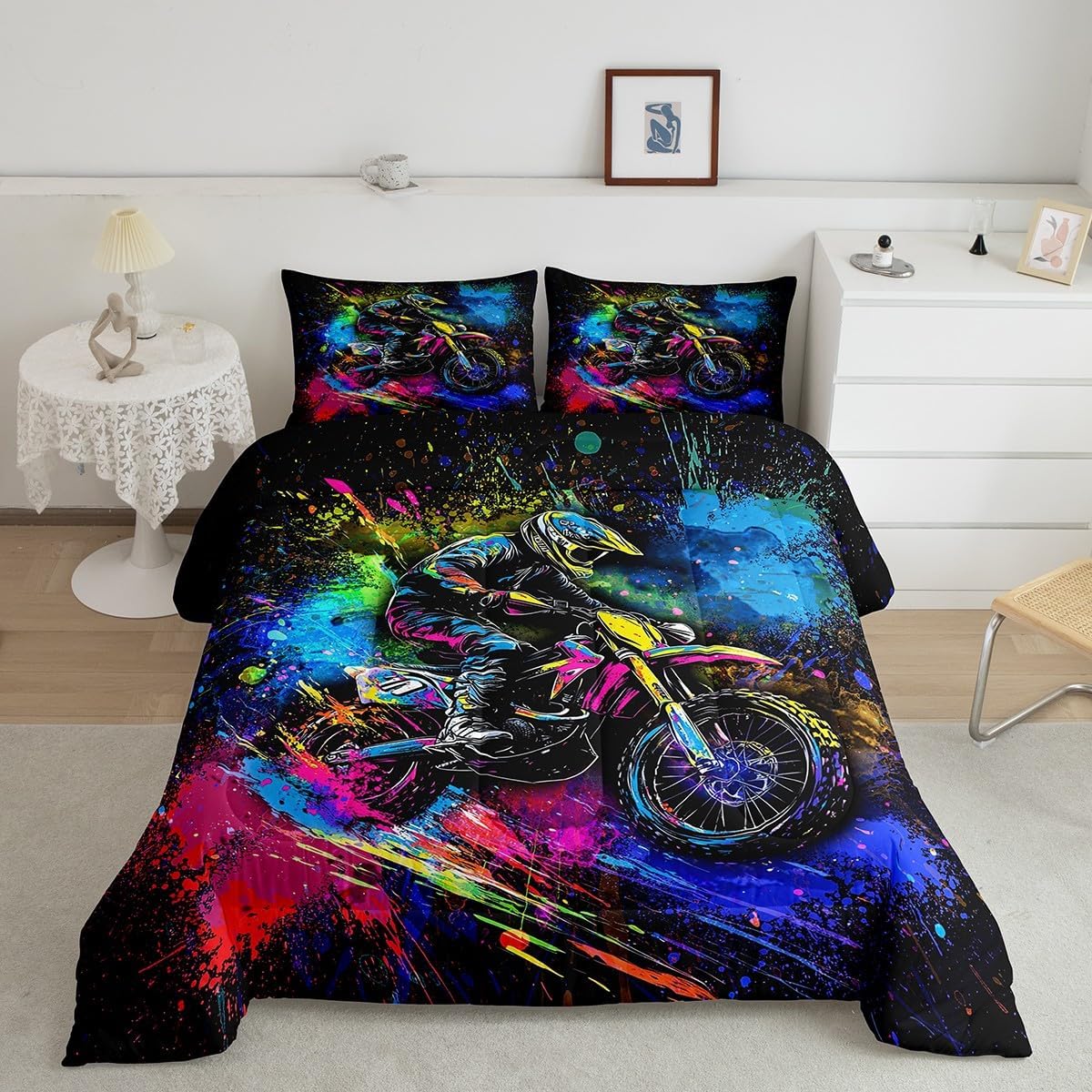 Feelyou Kids Boys Dirt Bike Comforter Set,Motocross Motorcycle Racer Bedding Set Twin Size,Boys Room Decor,Dirt Bike Motor Comforter,Extreme Sports Tie Dye Bed Set for All Season