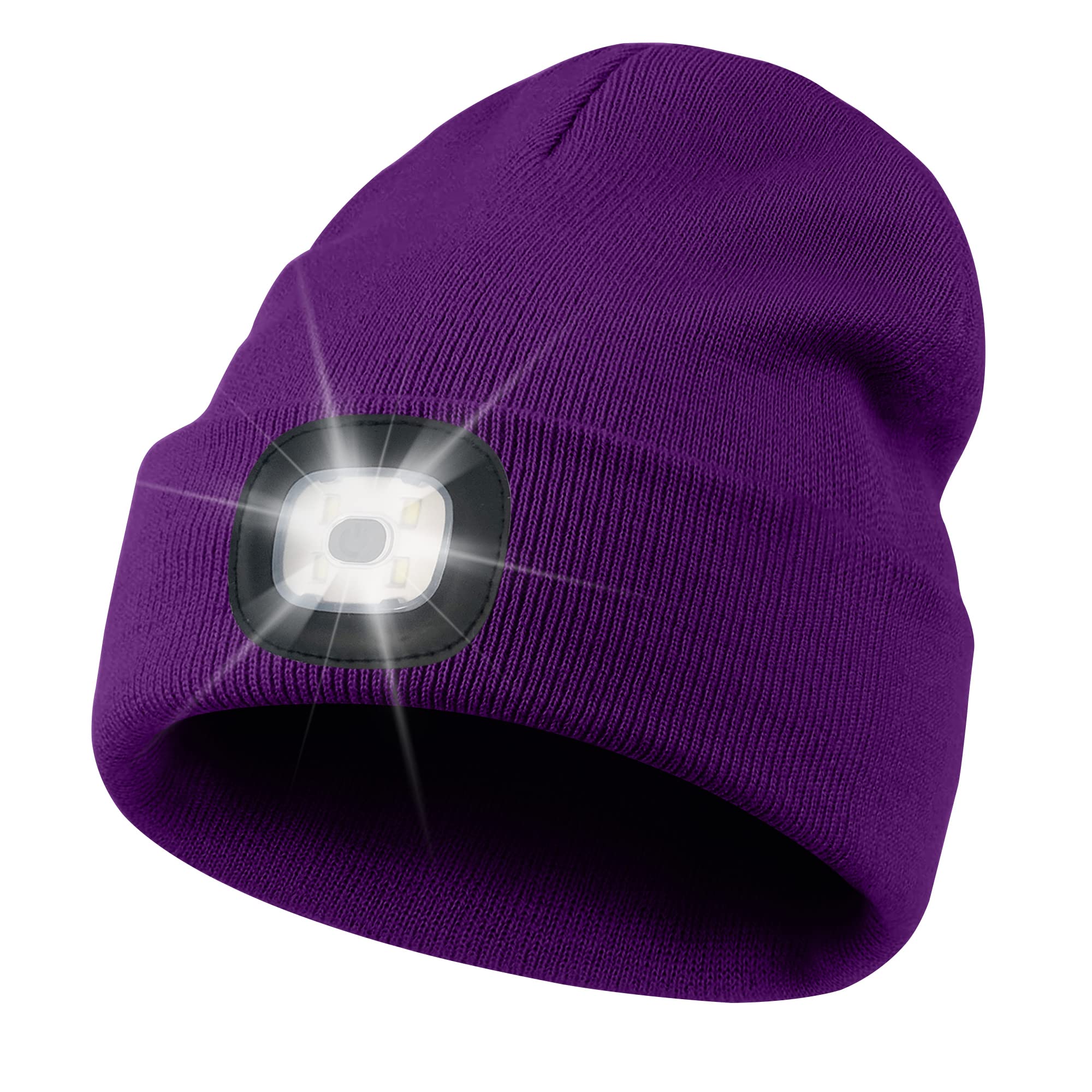SOCTKE LED Beanie Hat with Light,USB Rechargeable Ultra Bright 4 LED Headlamp Hat,Gifts for Men Women Dad Father Winter Warm Knitted Caps,Used for Outdoor Sports and Work Purple
