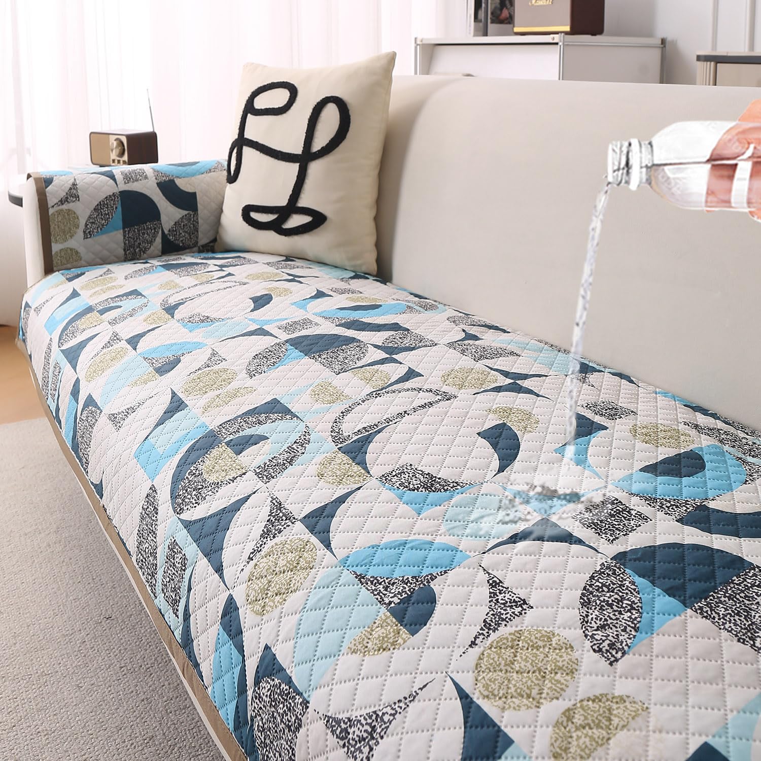 HOKIPO 'ShieldQuilt' 100% Leakproof Sofa Cover Mats for 1/2/3 Seater & L Shape Sofa. Make Your Own Sofa Cover Set, Reversible Sofa Mat Length 85(D) x 180(L) cm, Aqua Geometry (IN-866-D3)-image-2