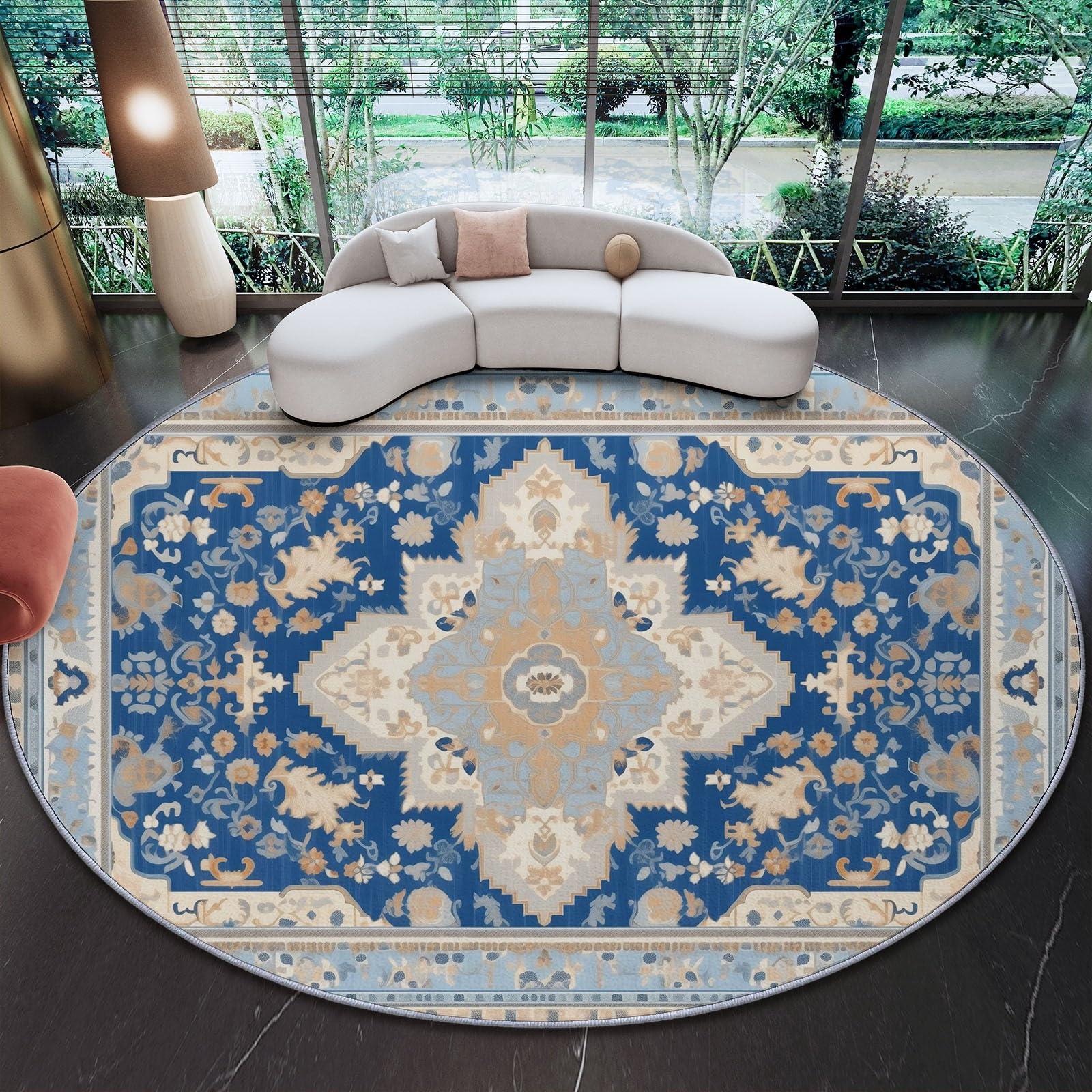 Tapis rond lavable en machine de 150cm antidérapant imprimé persan
