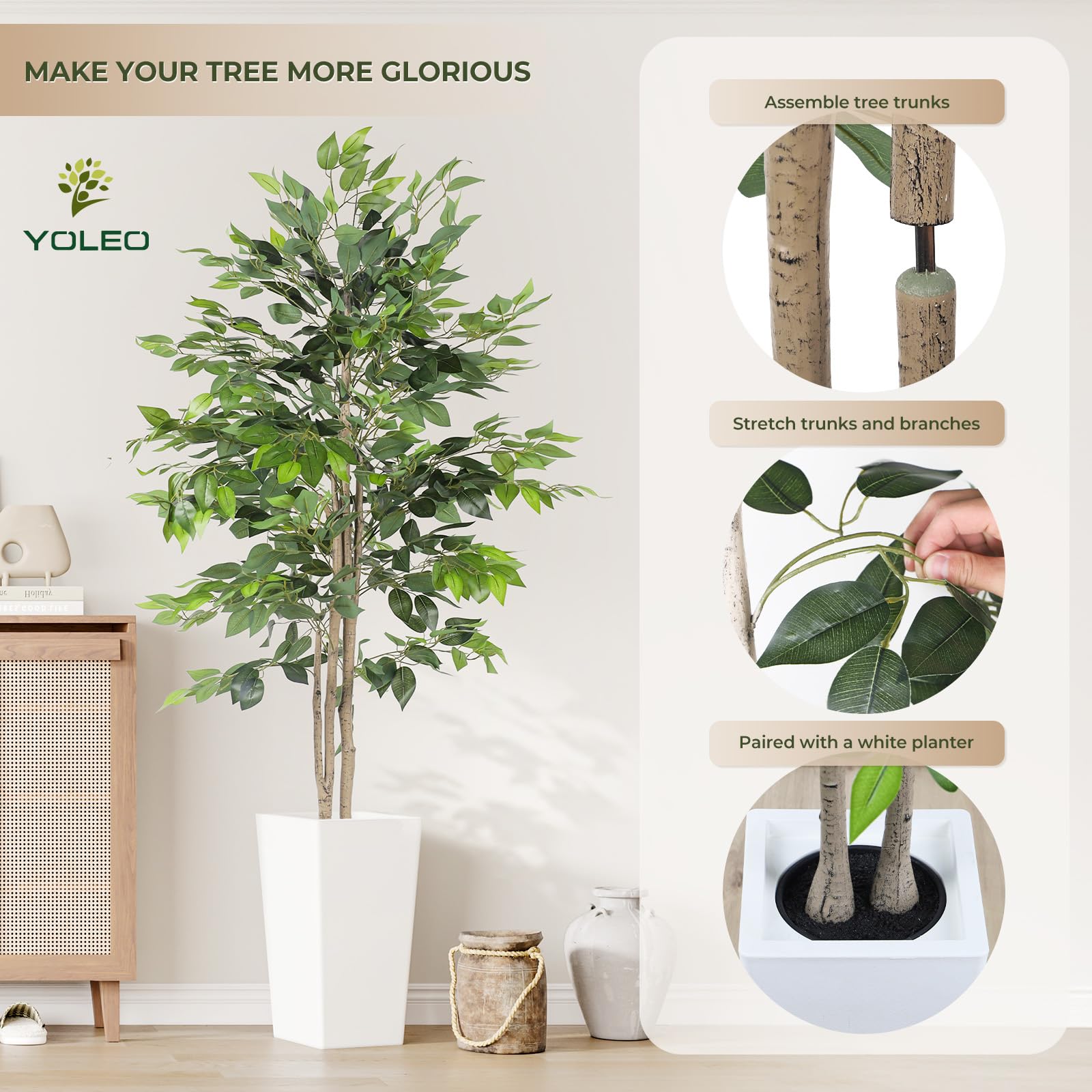 YOLEO Kunstpflanze Ficus Benjamini 180cm mit weißem Topf | Kunstbaum Ficusbaum wie echt, Birkenfeige für Wohnzimmer, Büro, Garten
