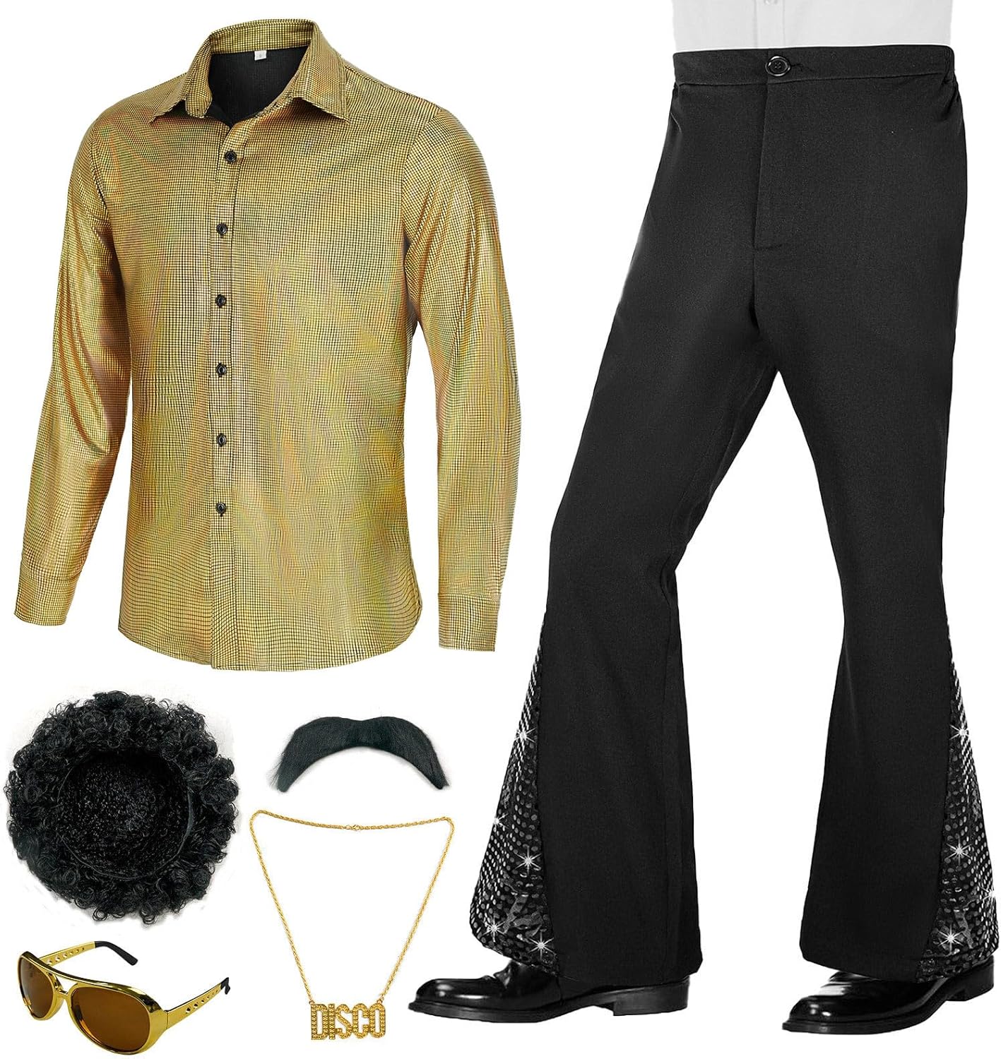 70s Outfits for Men 6 Pcs Disco Outfit Retro Costume with Bell Bottom Pants