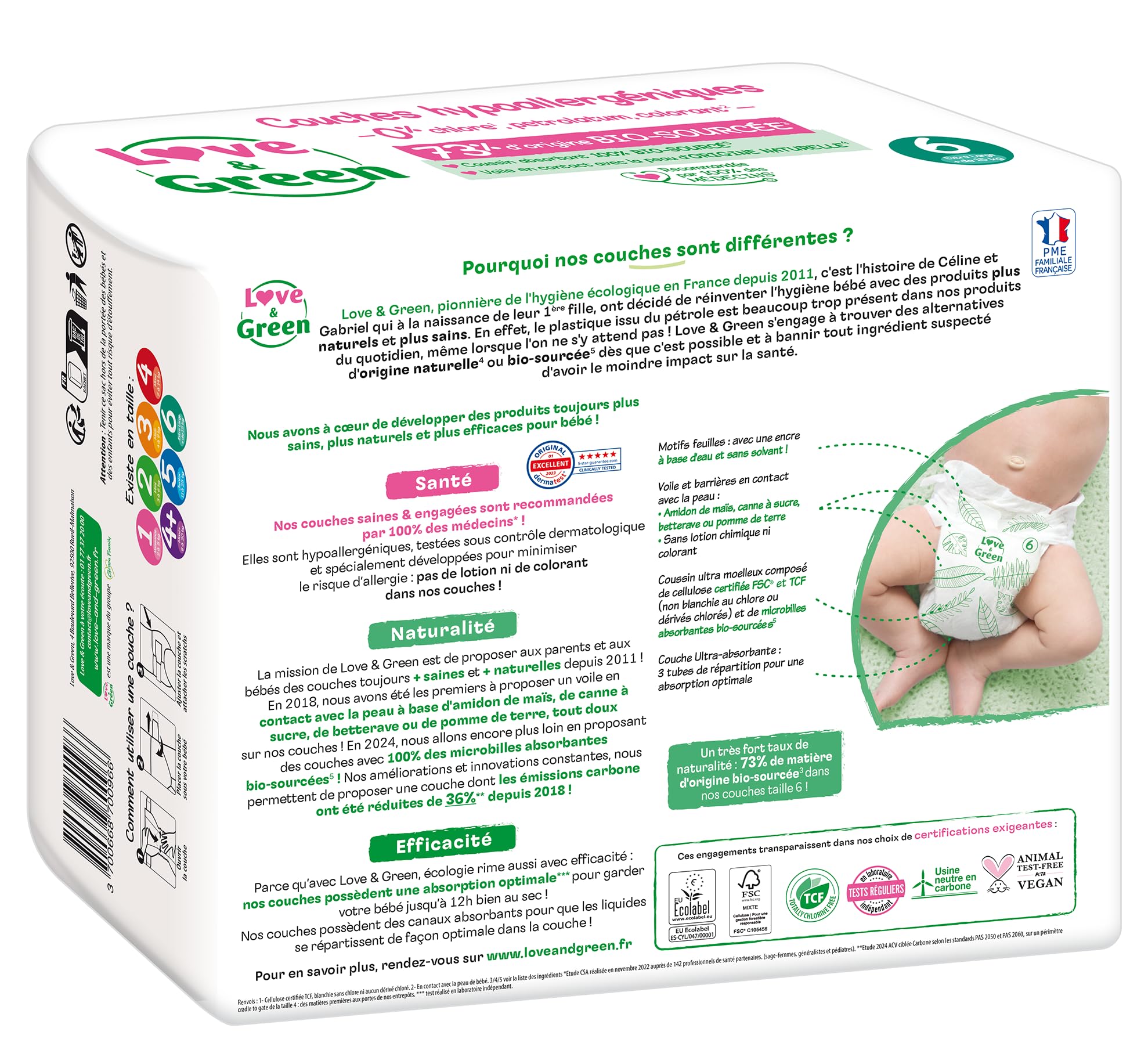 Love & Green - Couches Bébé Saines et Ecologiques - Taille 6 (15+ kg) - 34 couches - Absorbante, anti-fuites et sans ingrédients indésirables - 3