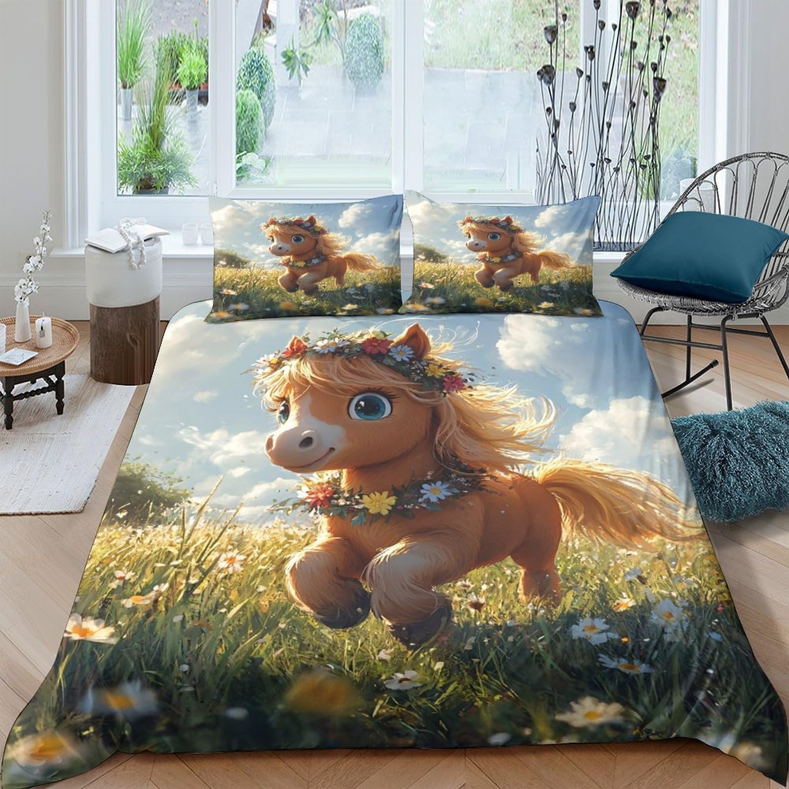 Ctjqhvkz Style-8 3D Printed Cartoon Pony Fitted Sheet Microfiber Yellow Meadow Bed Cover For Bedroom Guest Room Mattress Decor Single（135X200cm）
