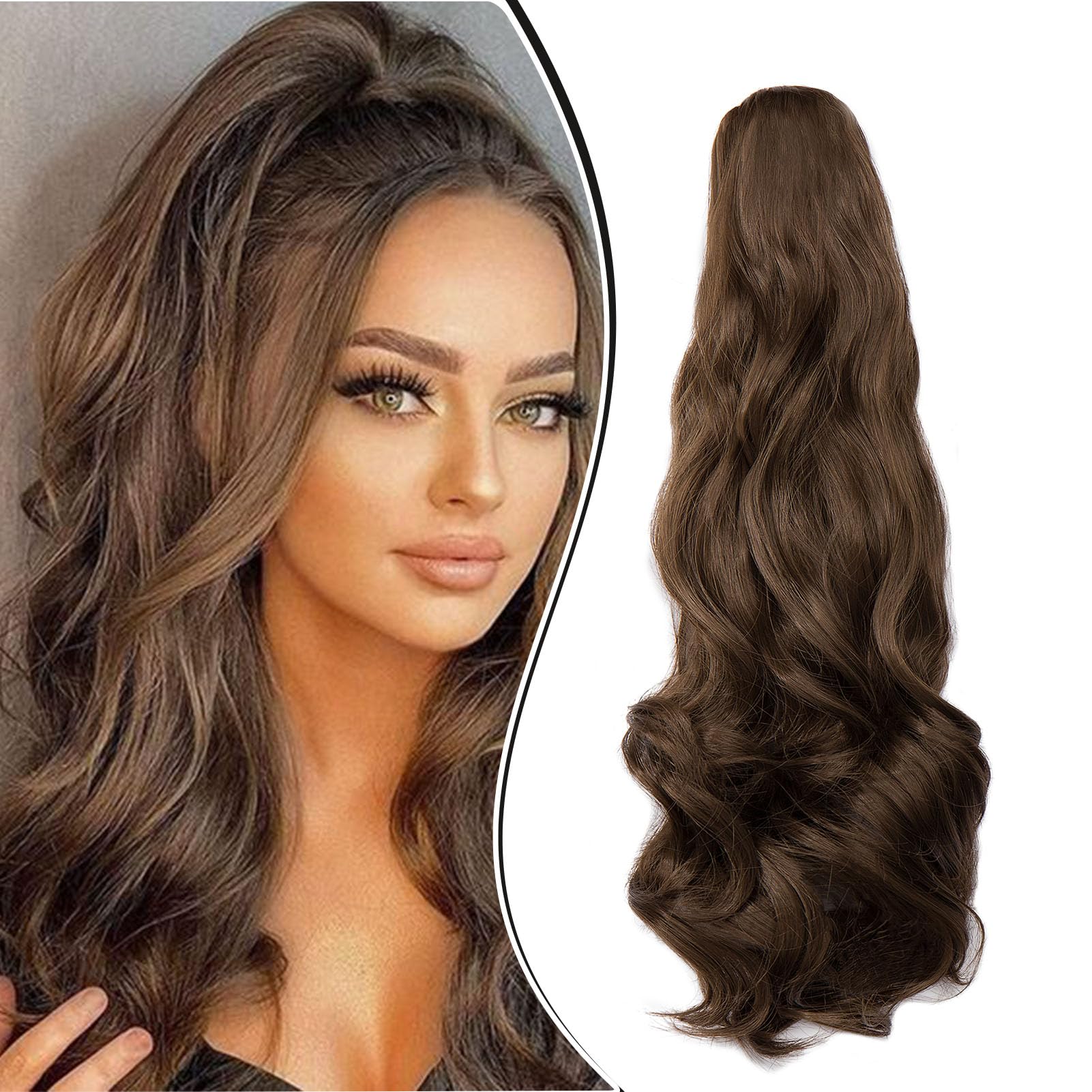Dcbaboo Ponytail Extension Curly 18inch Claw Clip in Ponytail Hair Extensions Long Wavy Synthetic Pony tails Natural Wave One Piece Hairpiece Fake Ponytail for Women Chestnut Brown
