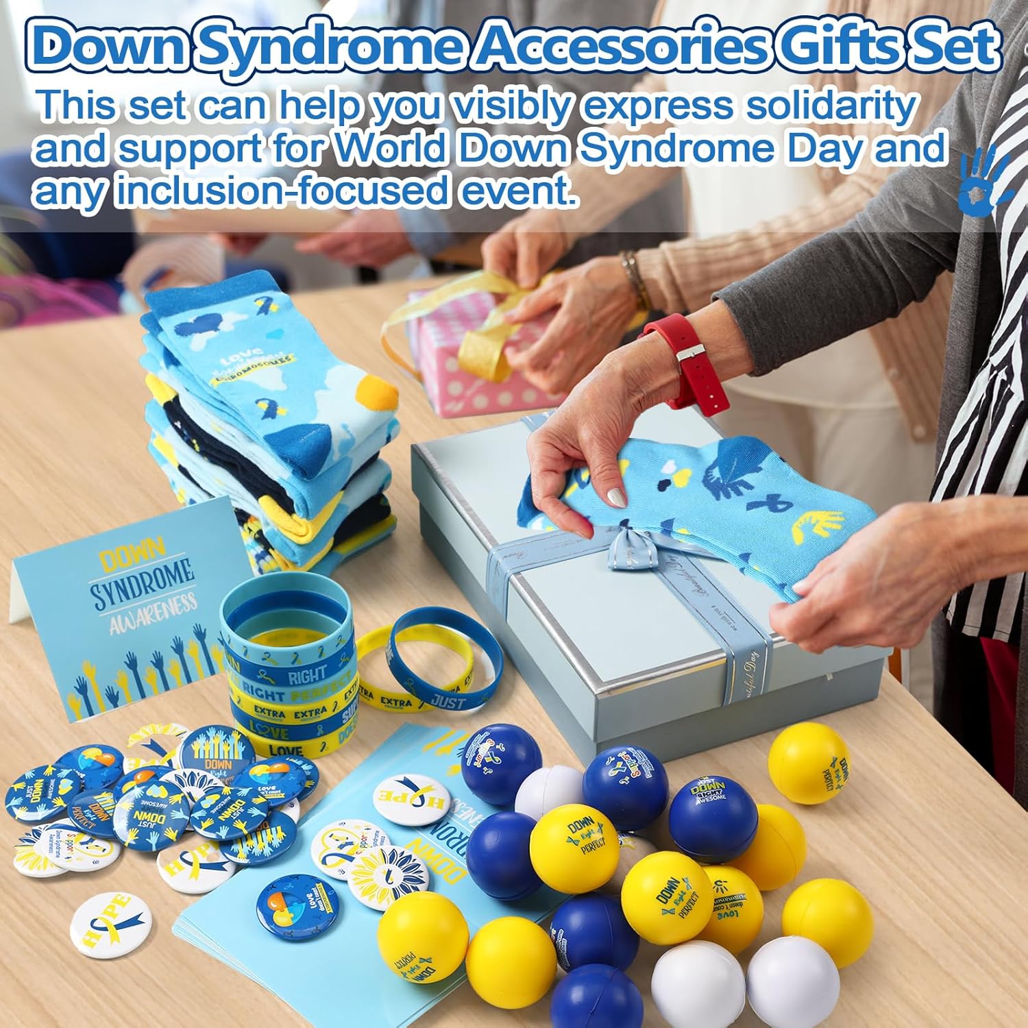 120 Pcs Down Syndrome Accessories Set World Down Syndrome Day Socks Ribbon Bracelets Pin Yellow Stress Relief Ball Card Blue and Yellow Decor for School Publicity Charity Events Gift Supplies