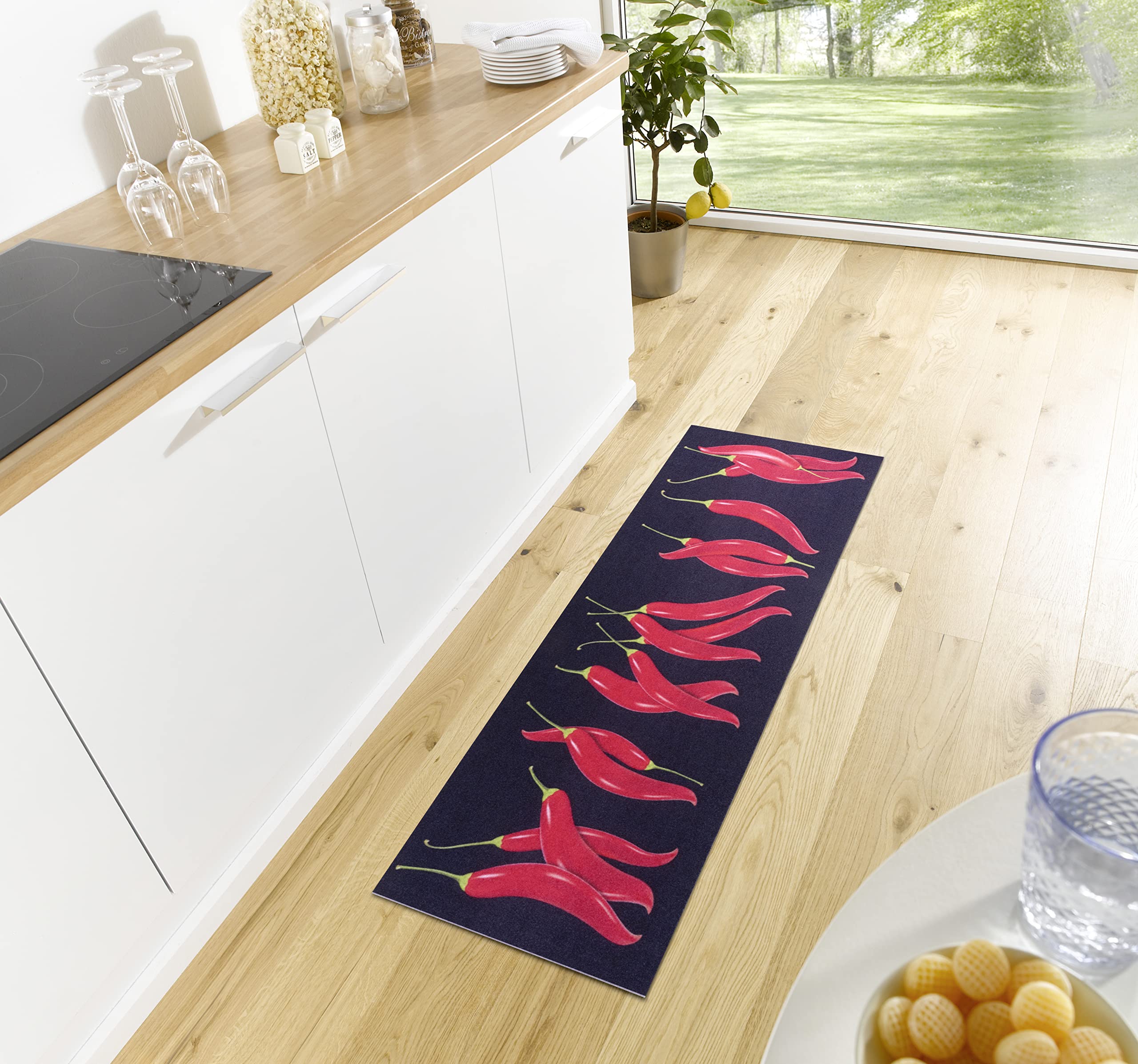 Alfombra de cocina de alta resistencia texturizada con estampado chili moderno