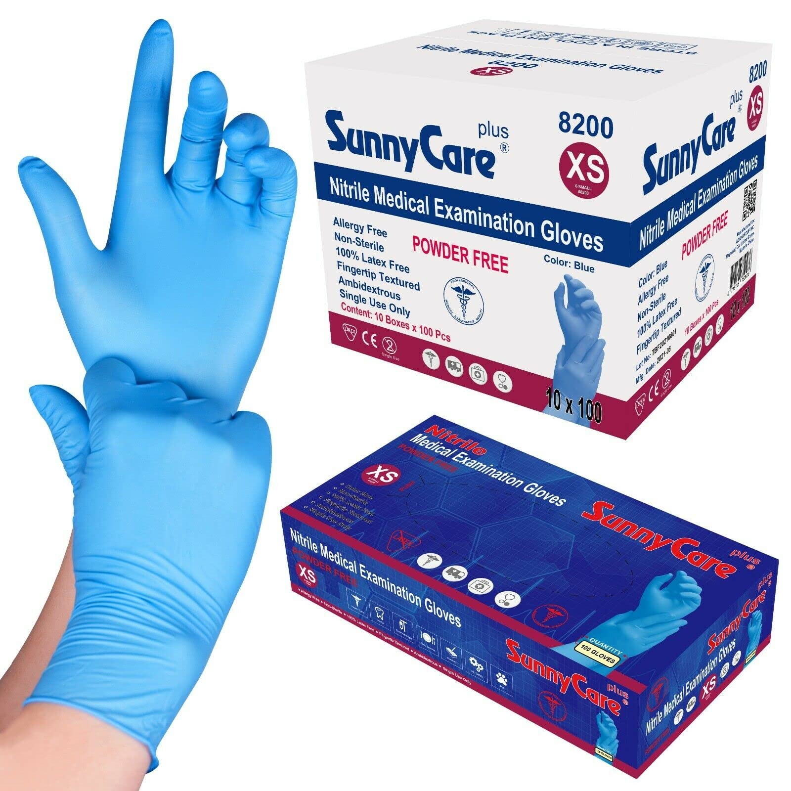 SunnyCare 1000Pcs 8200 Blue Nitrile Medical Exam Gloves Powder Free Chemo-Rated (Non Vinyl Latex) 100/box;10boxes/case Size: X-Small