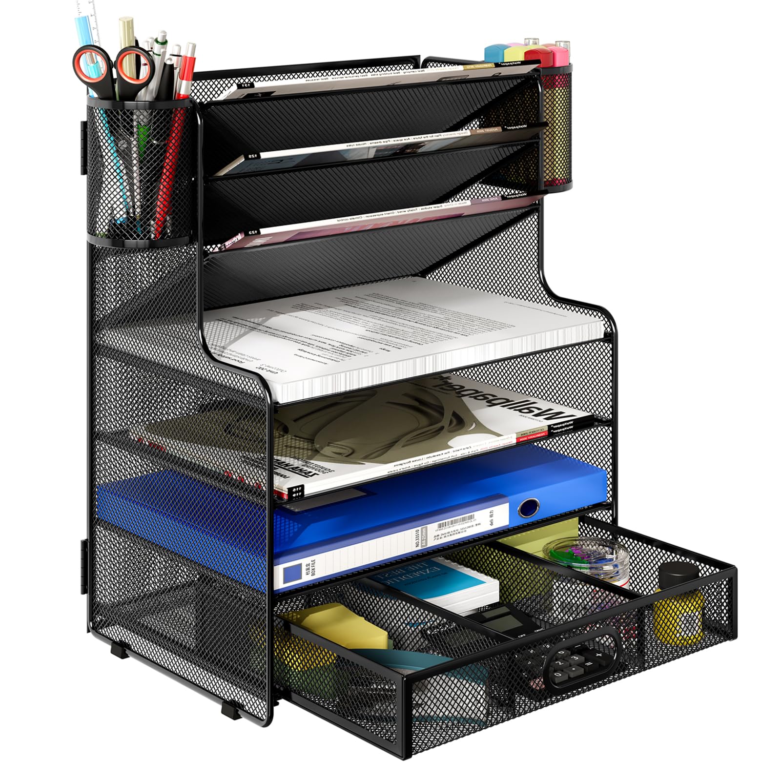 TQVAI 7 Tier Letter Tray Desk Tidy Organiser with Drawer Magazine File Holder A4 Paper Storage Document Tray, Black