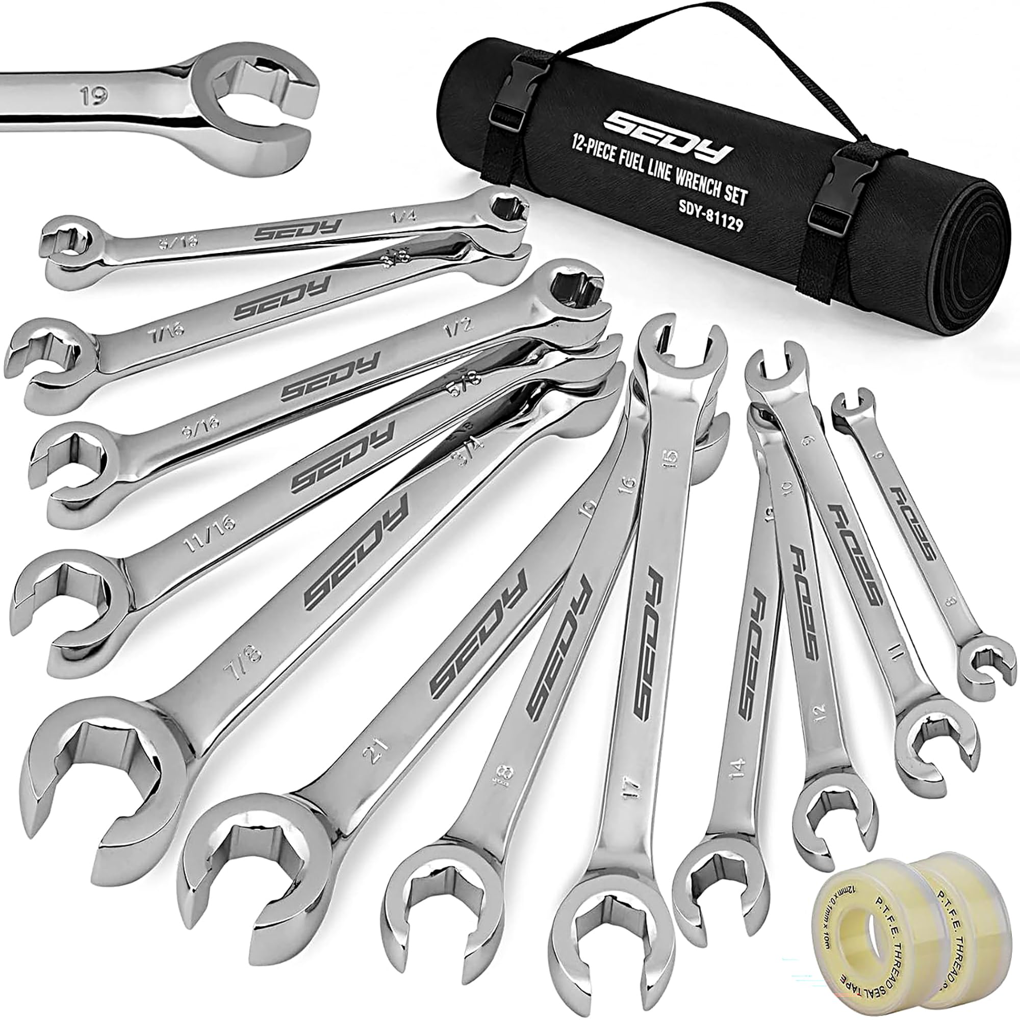 SEDY 14-Piece Flare Nut Wrench Set with PTFE Tape, Metric & SAE Brake Line Wrench Offset 1/4"-7/8"& 9-21mm Set Double Open End with Organizer Pouch