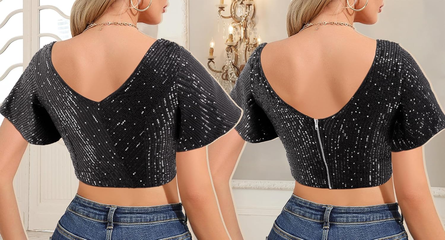 Testudineus Womens Sequin Ruffle Tops Short Sleeve Sparkly Crop Shirt Glitter Concert Disco Party Club Top Tee - Image 5