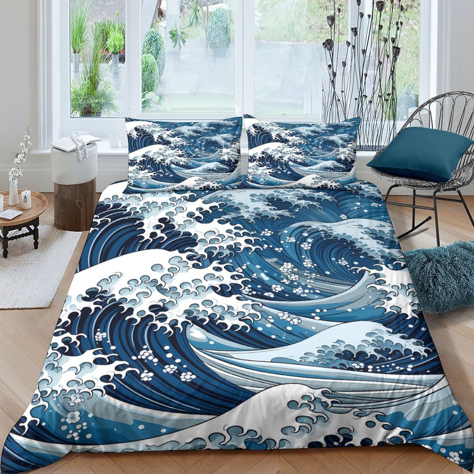 Ctjqhvkz Style-6 3D Printed Ocean Wave Fitted Sheet Microfiber Soft Blue Japanese Great Wave Mattress Cover Bedroom Home Decor Single（135X200cm）
