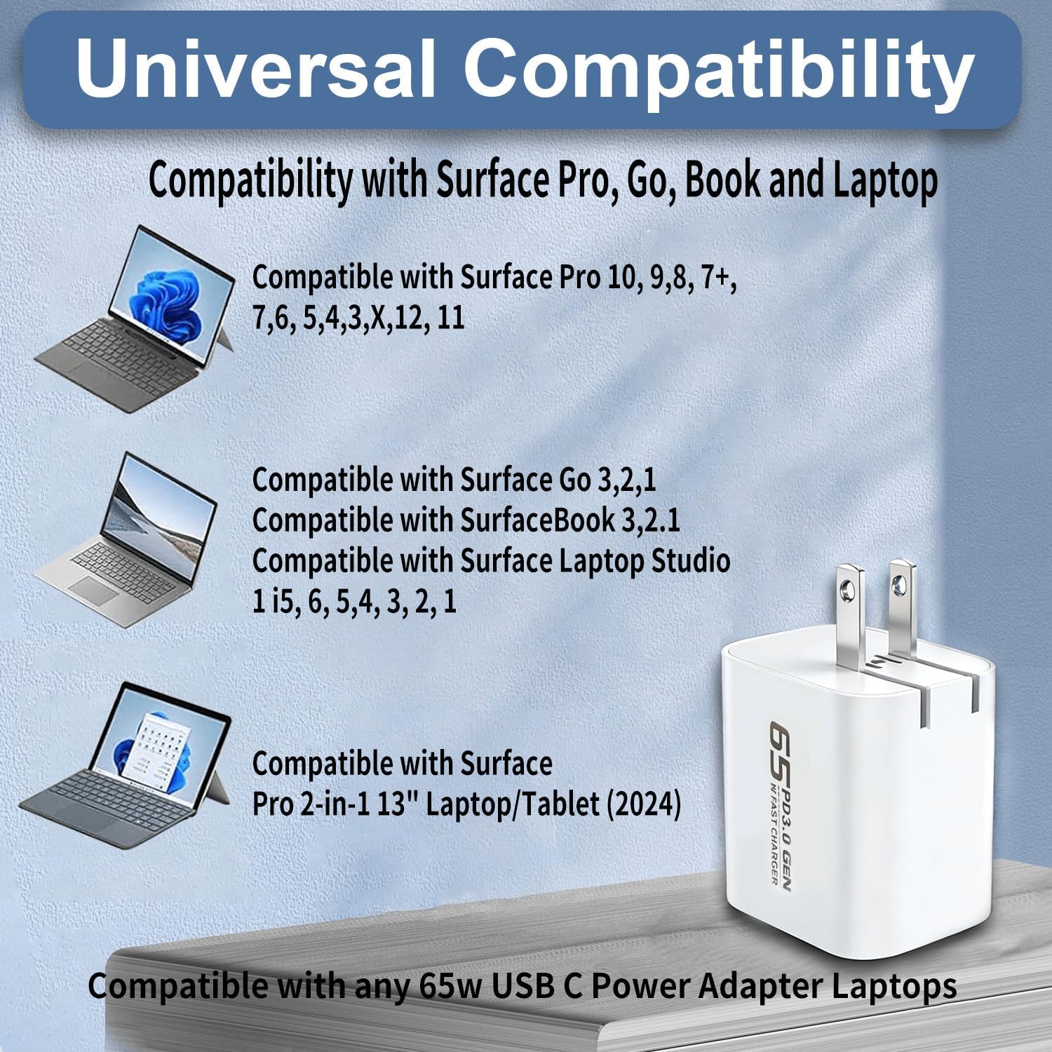 65W Surface Pro Charger Compatible with Microsoft Surface Pro 12/11/10/9/8/7/6/5/4/3/X/Laptop/Table/Book, 65W USB C Charger,6.5FT USB C Cable and Surface Connector Included