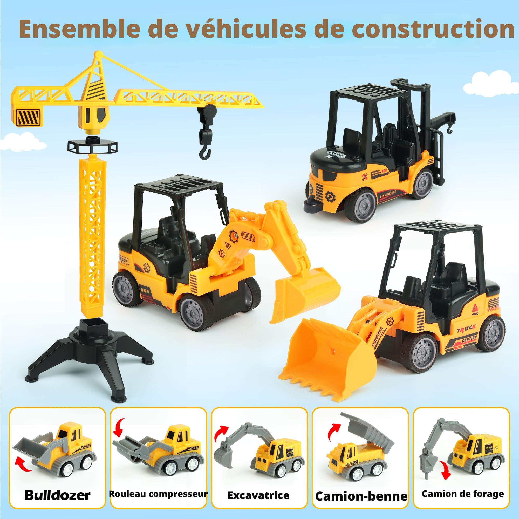 Kit De Chantier En Sable – 37 Pièces Dont 8 Camions, Bac Pliable, 1 Kg De Sable Magique, Grue Et Figurines – Dès 3 Ans
