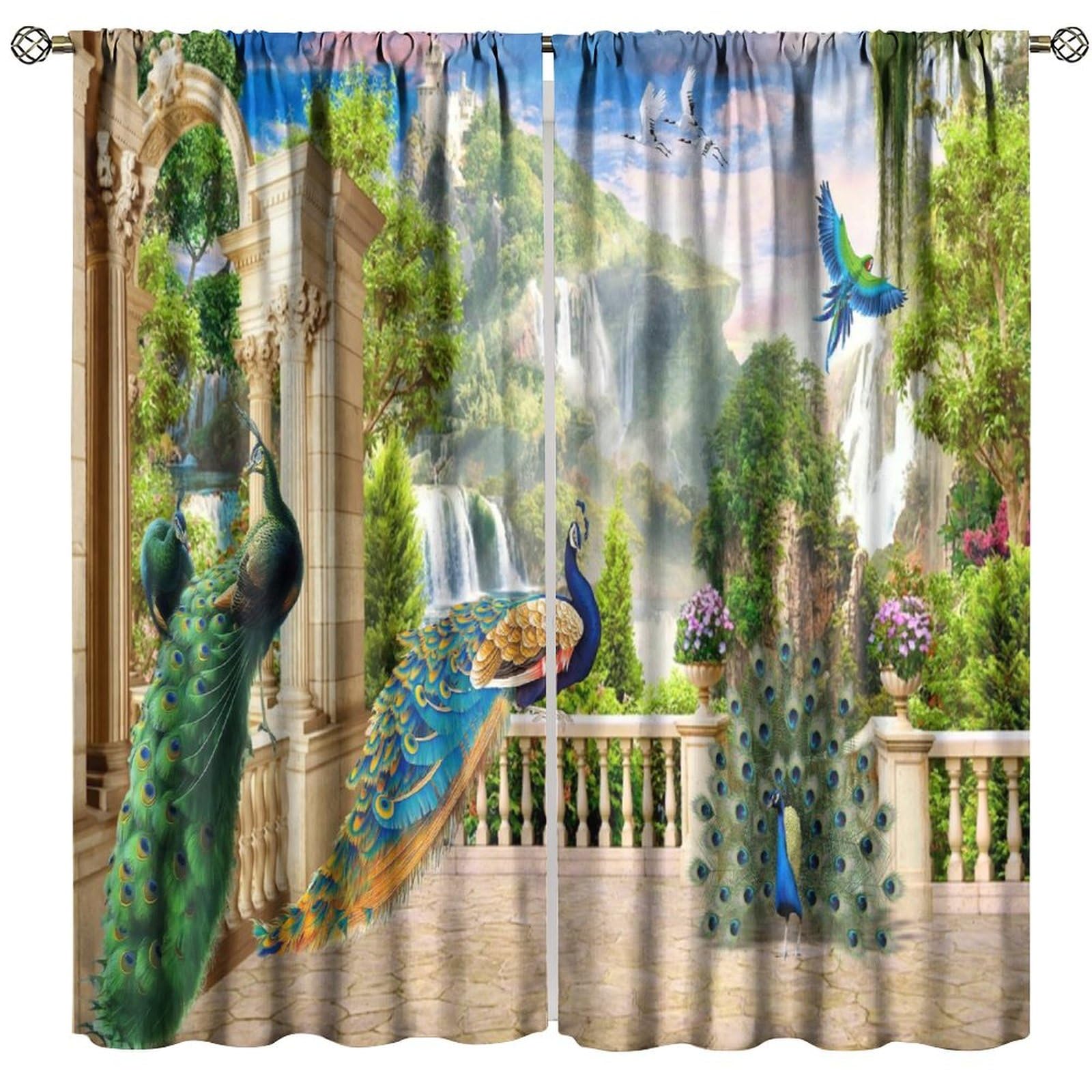 BATPLY Tropical Peacock Curtains, Exotic Rustic Natural Summer Seaside Lush Forest Marble Palace Scenery Window Treatments, Blackout Rod Pocket Drapes for Living Room Bedroom Bathroom Kitchen 42x45in