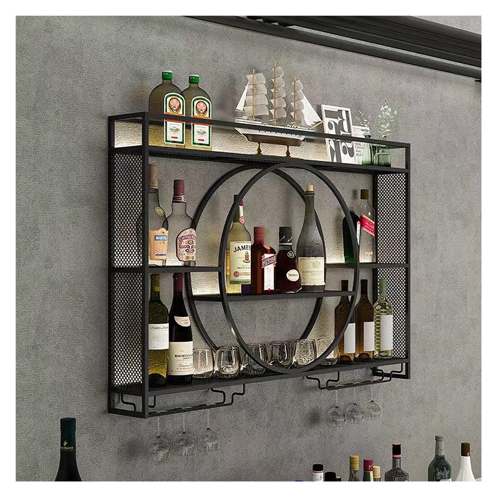 Liquor Shelf Wall Mounted, LED Wall Mounted Wine Rack, Bar Shelves for Wall, Multi Functional Storage Display Wine Bottle Shelf, Metal Bar Unit Floating Shelves Bottle Holder, for Home Kitchen