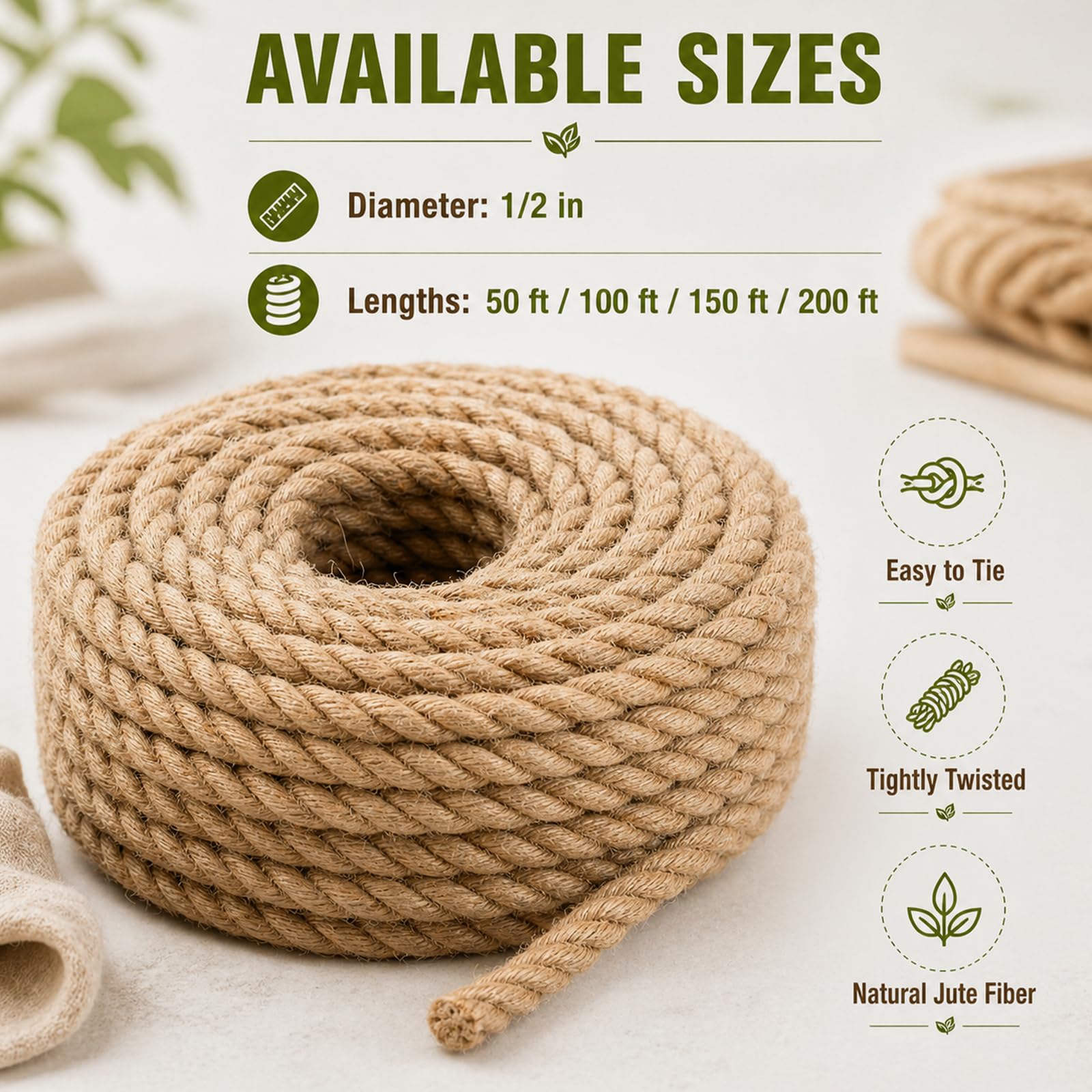 Corda di iuta naturale al 100% (1,3 cm x 50,3 m) Spago di iuta spesso per artigianato, giardinaggio, amaca, decorazione della casa