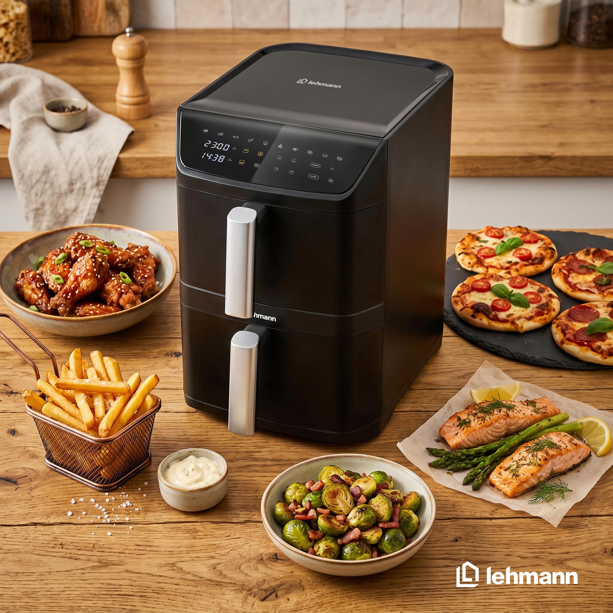 LEHMANN Double Zone Air Fryer XXL 12L, Friteuse sans Huile Verticale à Double Tiroir, 10 Programmes, 40-230°C, Écran Tactile, Revêtement Antiadhésif, pour Grande Famille, 2800 W