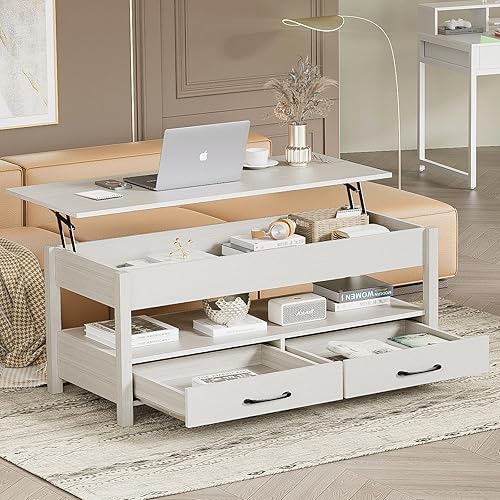 Miniatura 1 de Mesa de centro elevable con compartimento de almacenamiento oculto, 2 cajones y estante de exhibición, mesa de centro elevable para sala de estar,