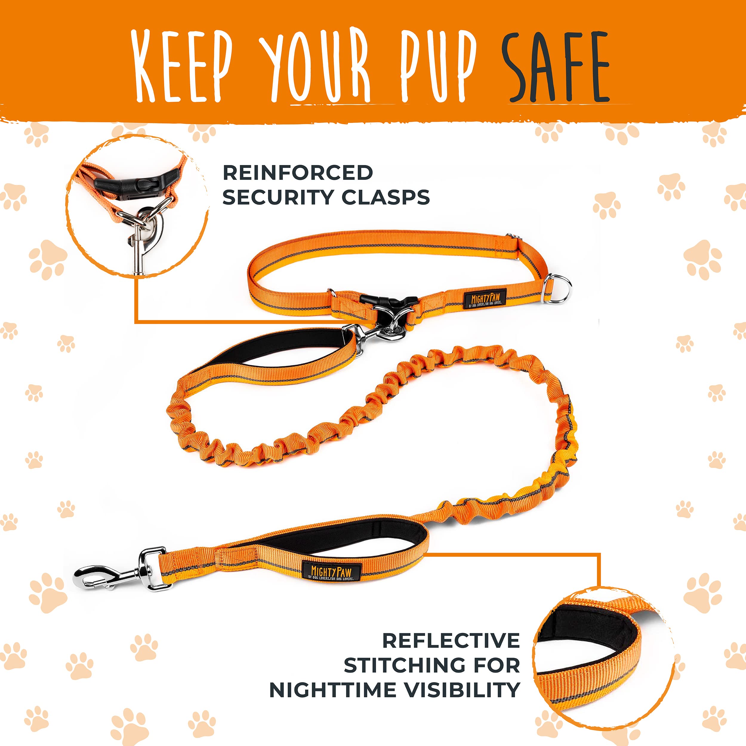 Mighty Paw Hands Free Dog Leash | Bungee Waist Leash for Dog Walking. Pet Running Hands Free Tether for Large, Medium & Small Breeds. Pet Waist Belt (36" - 48") Up to 150 lbs - Orange - image 3