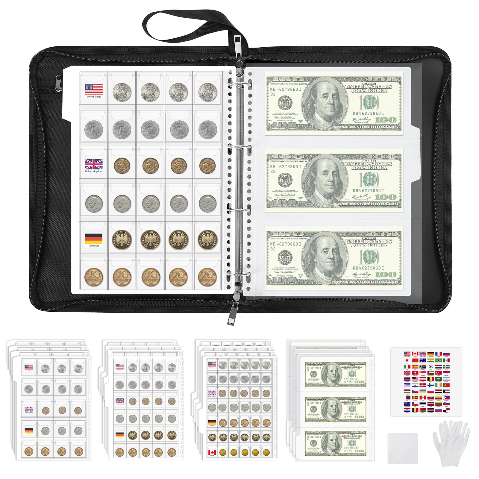 MoKo Coin Collection Book, 356 Pockets Fireproof Album Holder & 36 Sleeves Currency Storage Binder, Supplies for Bill Penny Quarter Stamp, Black