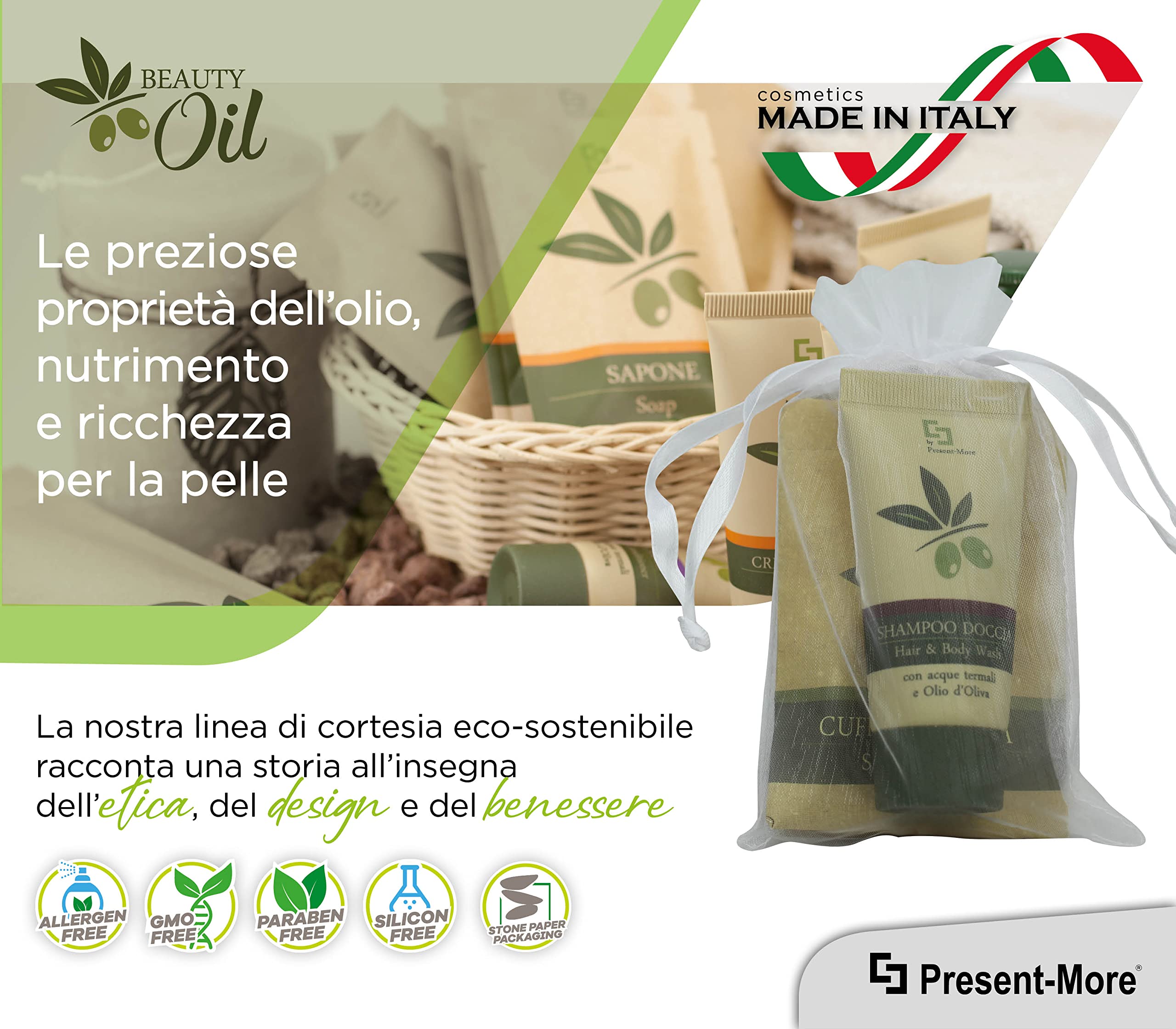 PRESENT-MORE - Set Cortesia 15 Ospiti Beauty Oil - Fragranza Tahitian - Contiene: Shampoo Doccia, Sapone e Cuffia - Made in Italy - Per Hotel e B&B