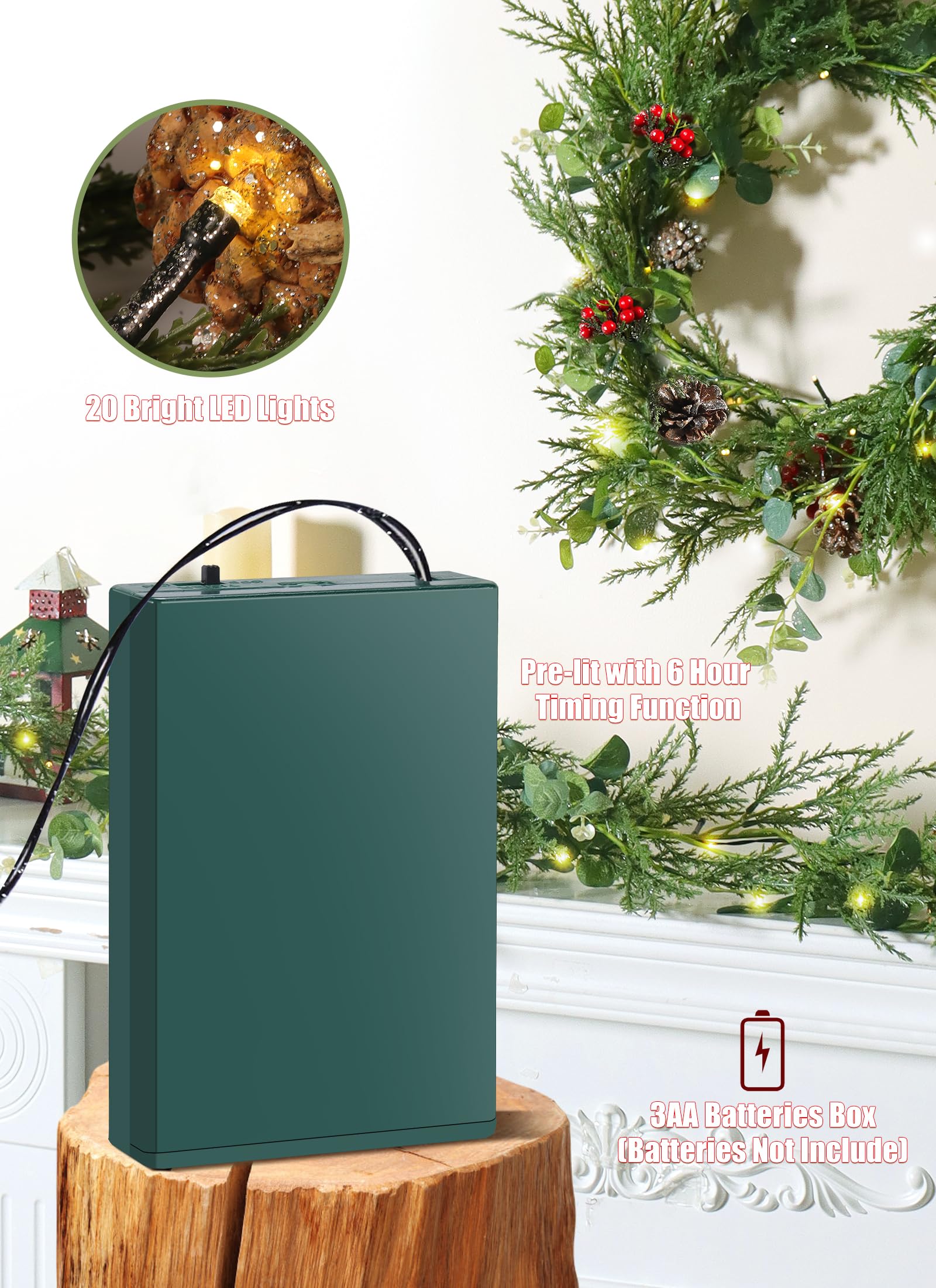 Brightown Guirnalda de Navidad con luces, luces LED de Navidad de 6 pies que funcionan con pilas con conos de pino, bayas, hojas de eucalipto, decoraciones de Navidad interiores para escaleras, puerta
