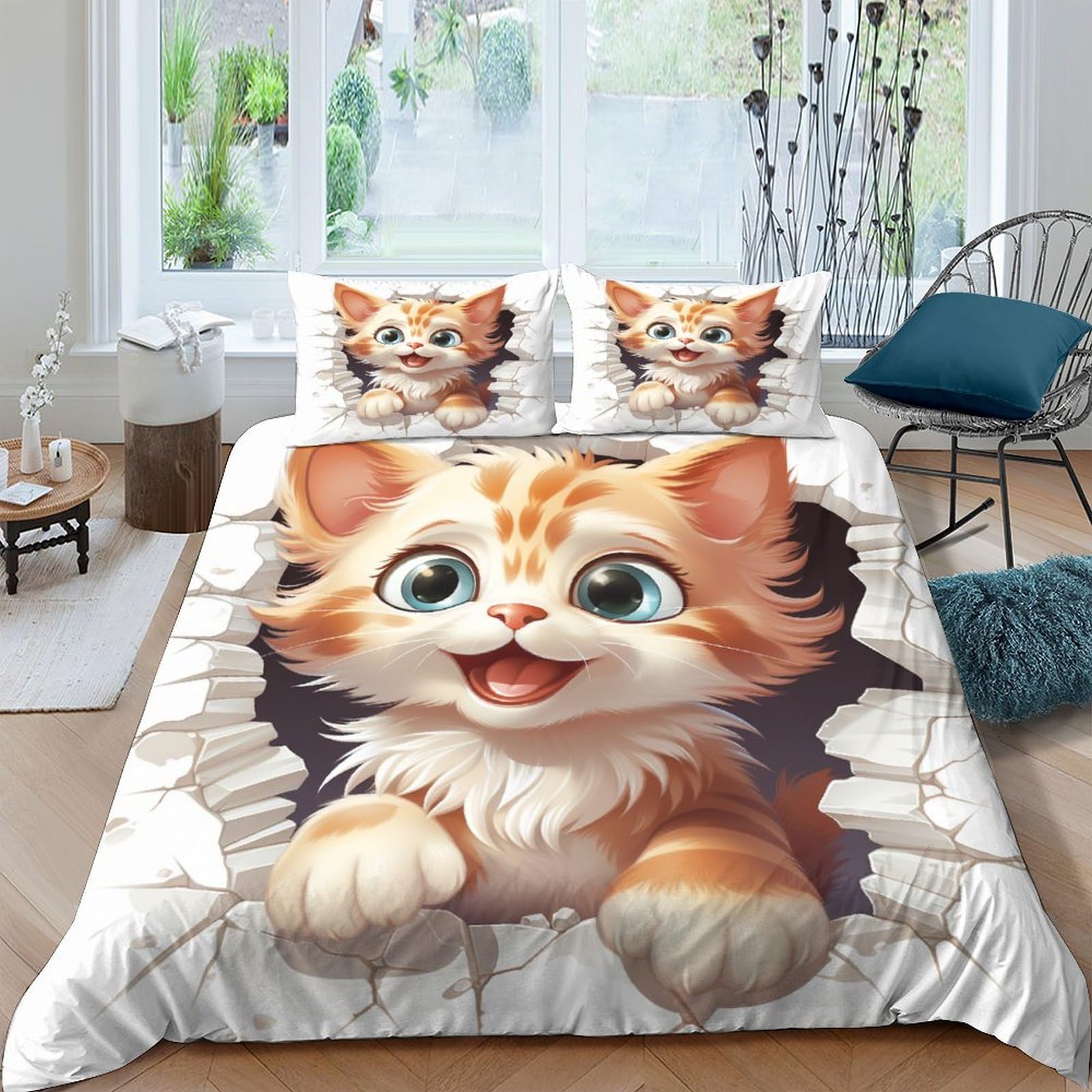 Housse de couette chat anti-plis et parure de lit microfibre respirante double 200x200 facile à laver