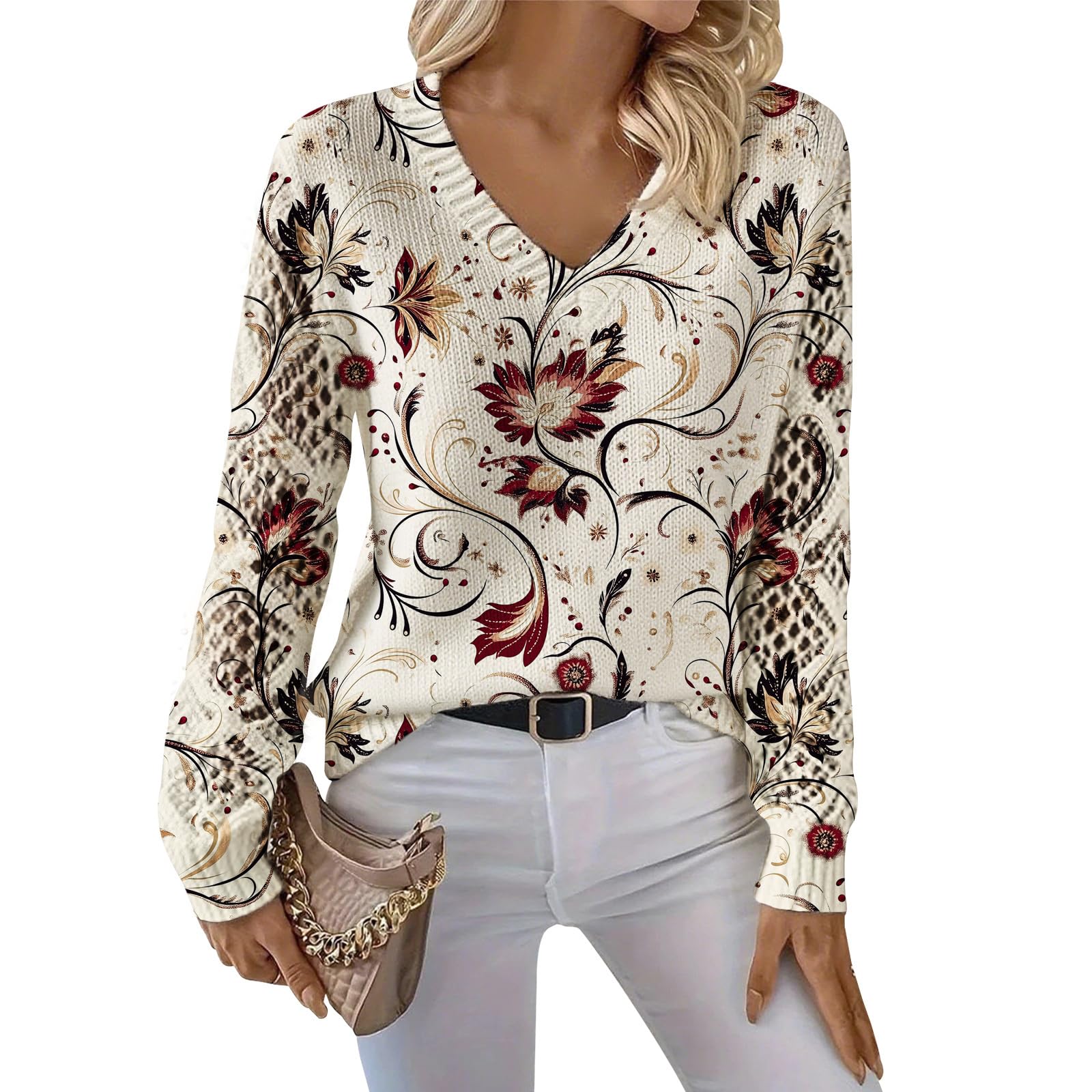 Womens Fall Crochet Sweaters Lightweight Floral Long Sleeve V Neck Knit Flower Cute Sweater Tops