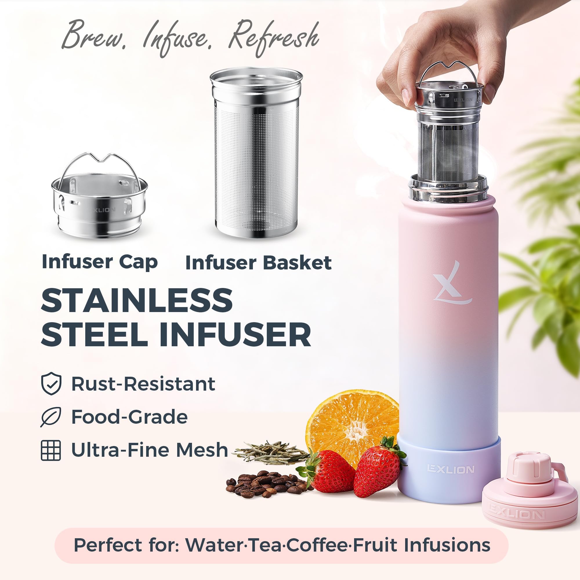 Lexlion Botella de agua de 32 onzas, triple pared aislada de acero inoxidable, reutilizable, boca ancha, difusor de frutas, infusor térmico de hojas, funda de silicona y cepillo de limpieza, 3 tapas a