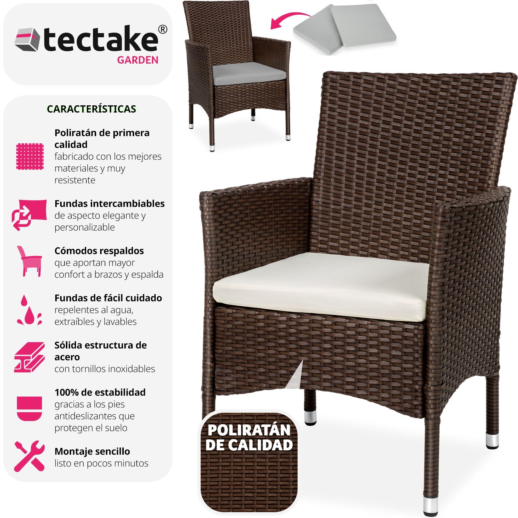 tectake® Set de 2 Sillones en Poliratán y Acero, Muebles Jardín Exterior, Sillón para Conjunto Jardín Exterior, Cojines con Fundas Intercambiables, Fácil Montaje - marrón/Beige